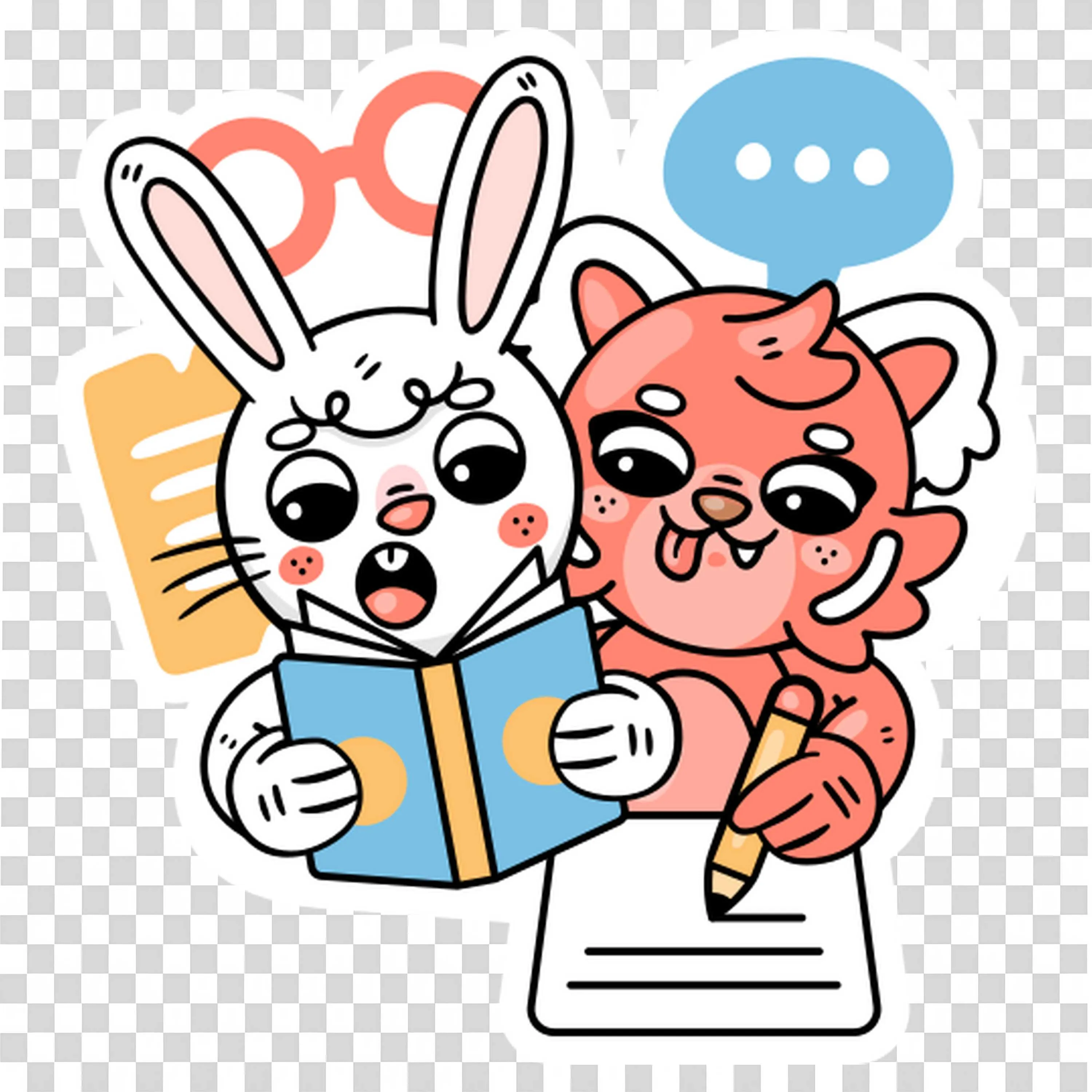 Cute Bunny and Fox Reading and Writing Together Free Png