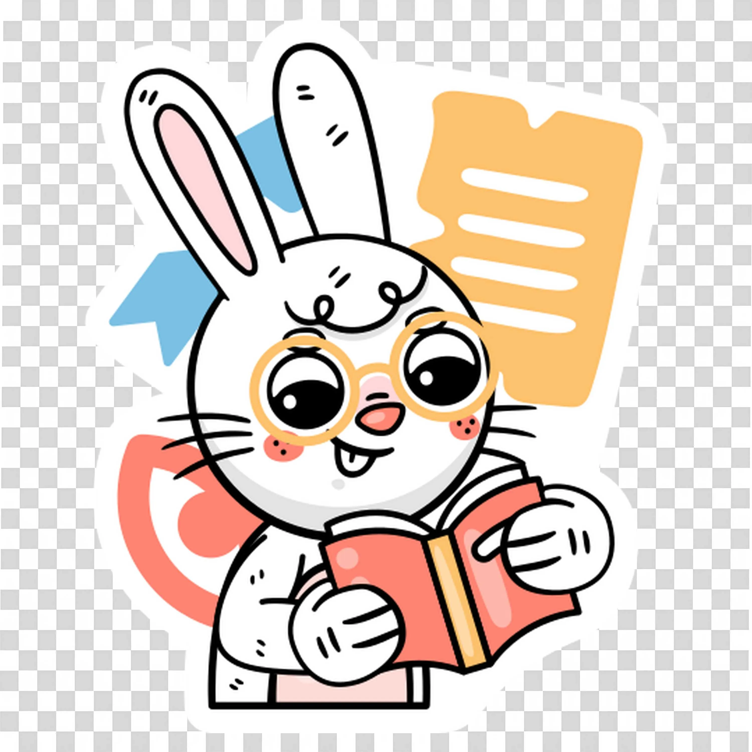 Cute Bunny Reading a Book with Glasses and Colourful Icons