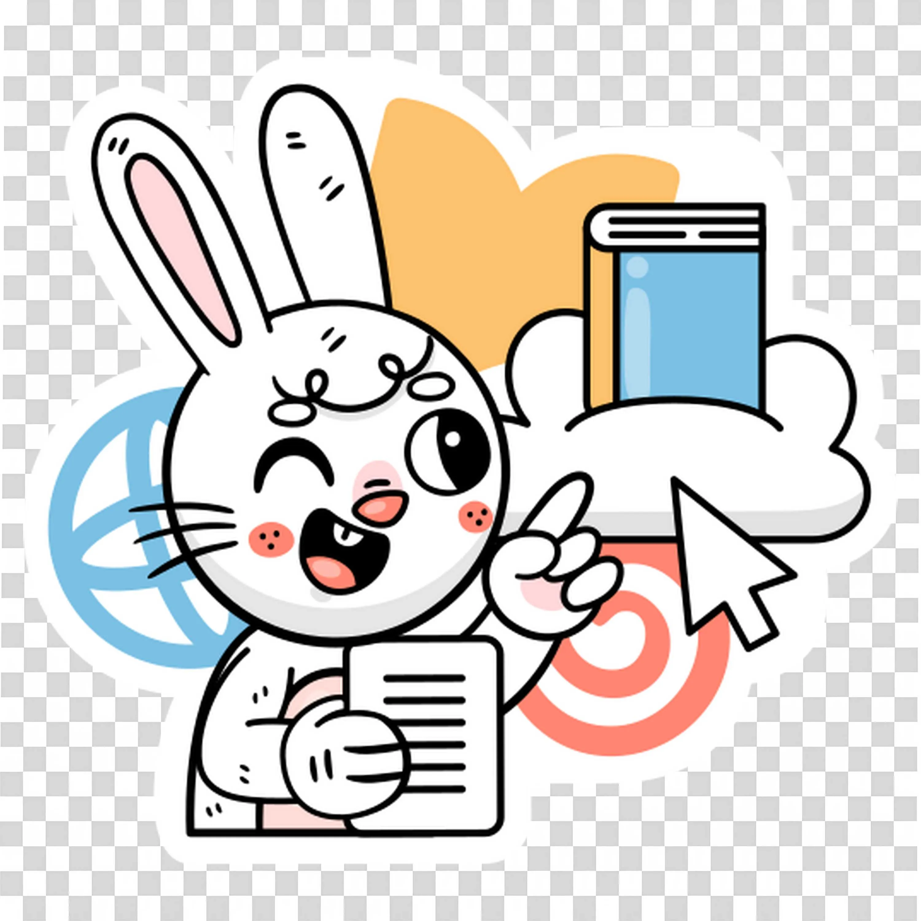 Cute Bunny Sticker with Cloud Book and Study Icons Png