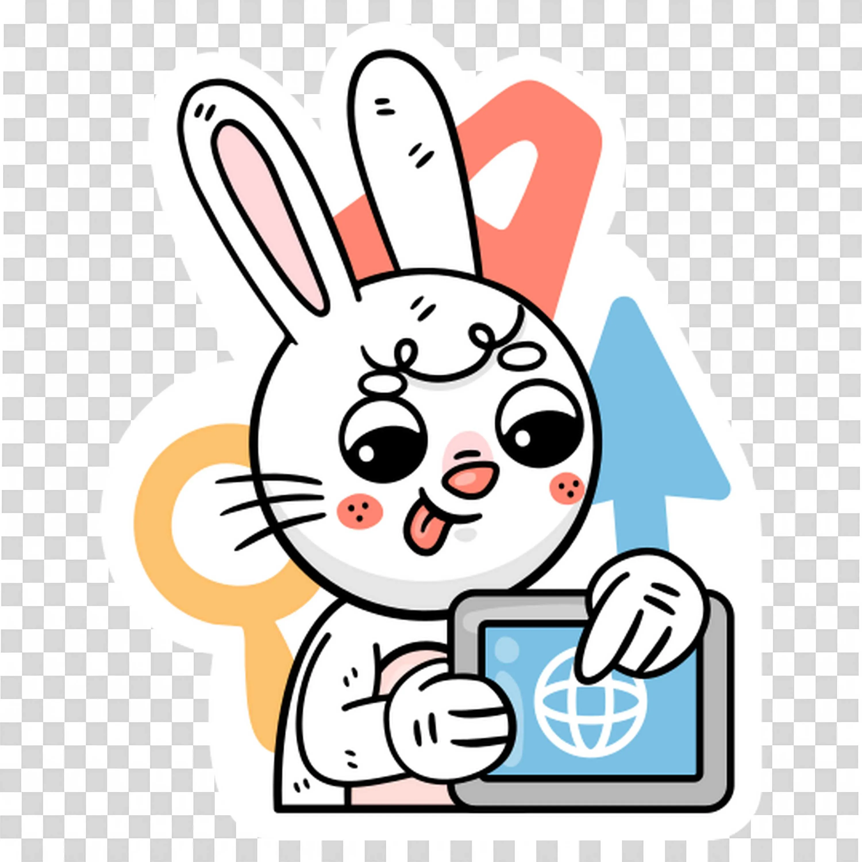 Cute Bunny with Tablet Showing Globe Icon Free PNG Download