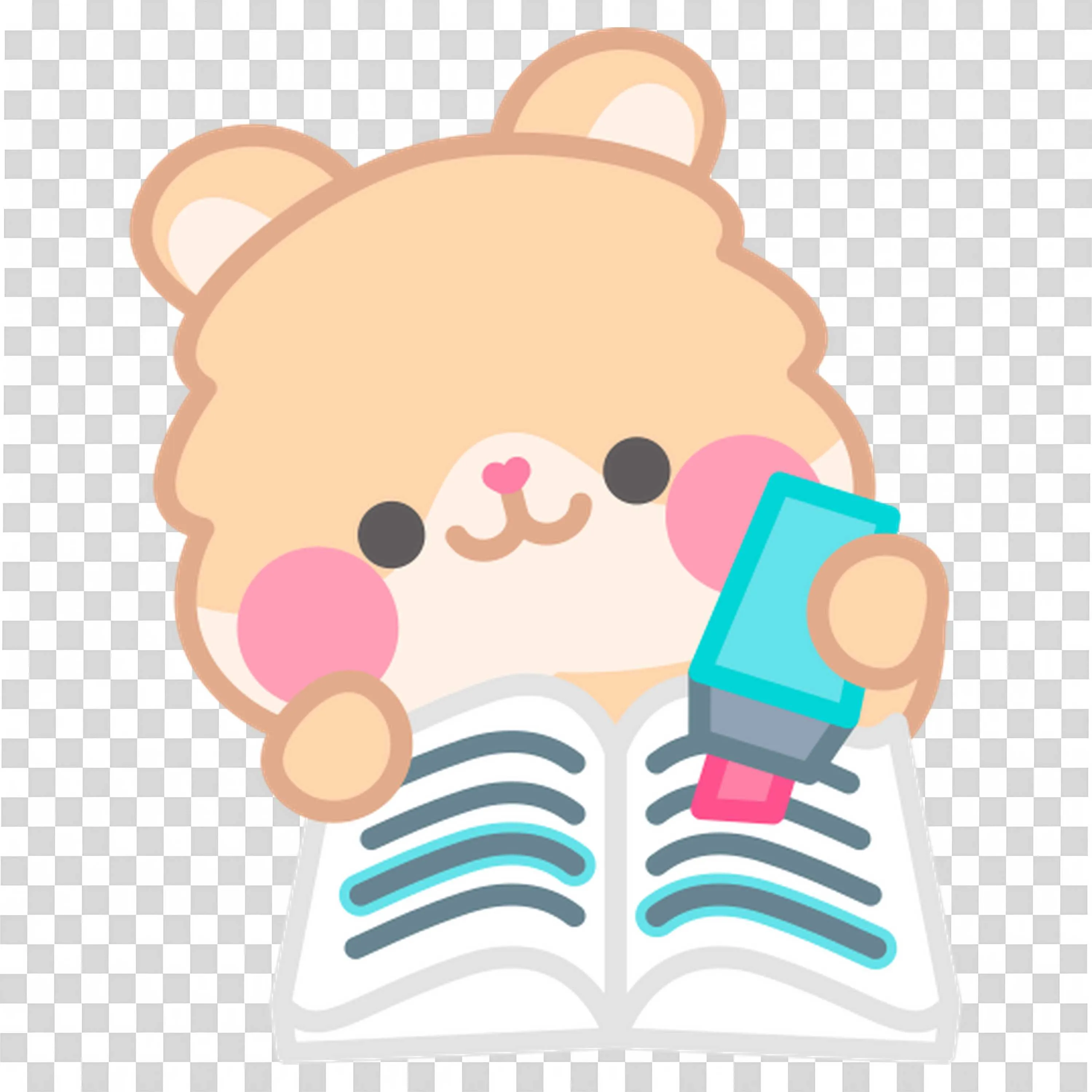 Cute Cartoon Bear Highlighting Book with Blue Marker Png