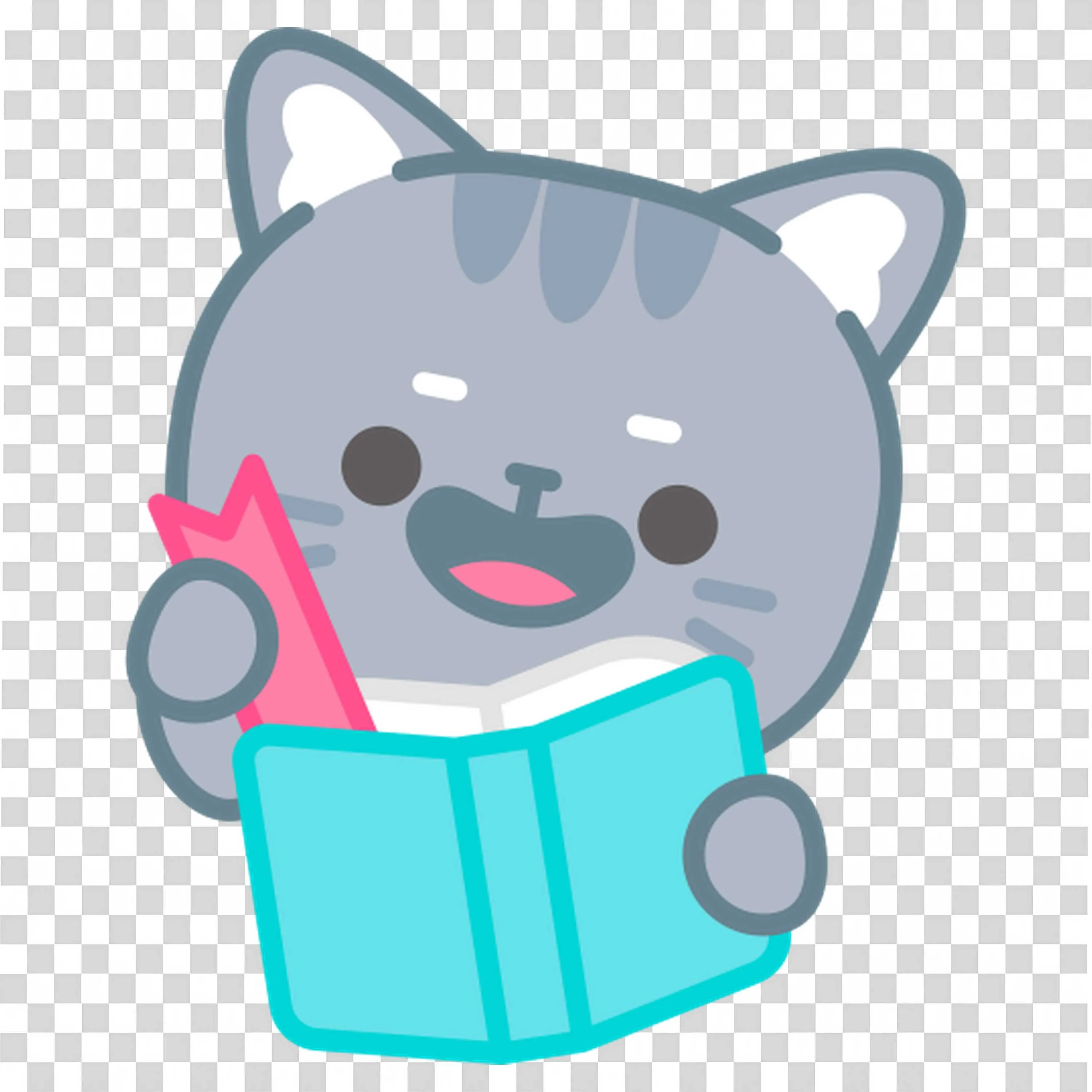 Cute Cartoon Cat Reading a Book with a Pink Bookmark Png