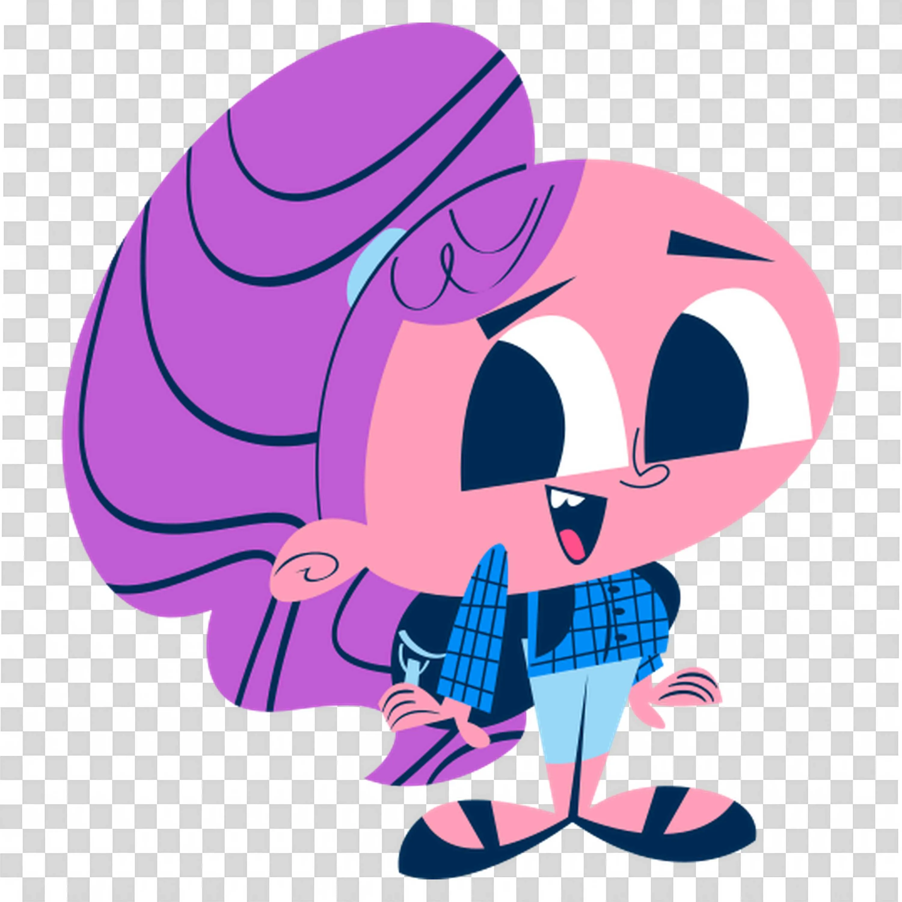 Cute Cartoon Character with Purple Hair and Blue Plaid Shirt