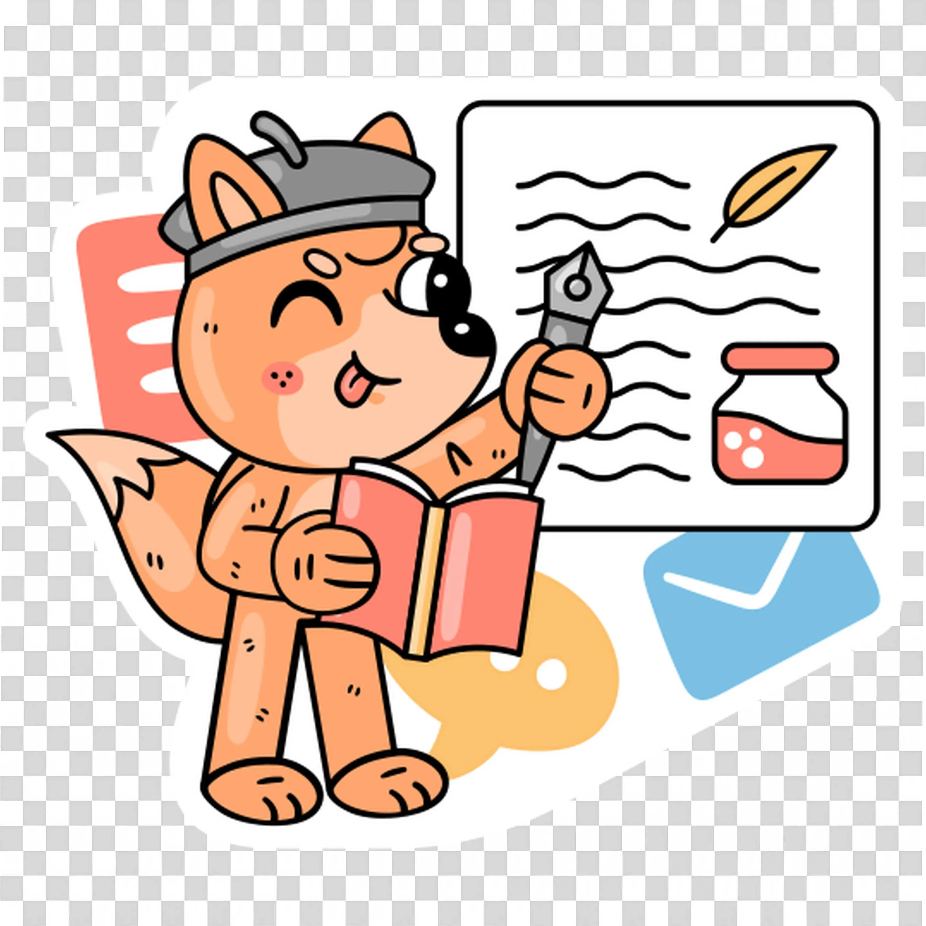 Cute Cartoon Fred the Fox Artist Writing on a Big Paper Png