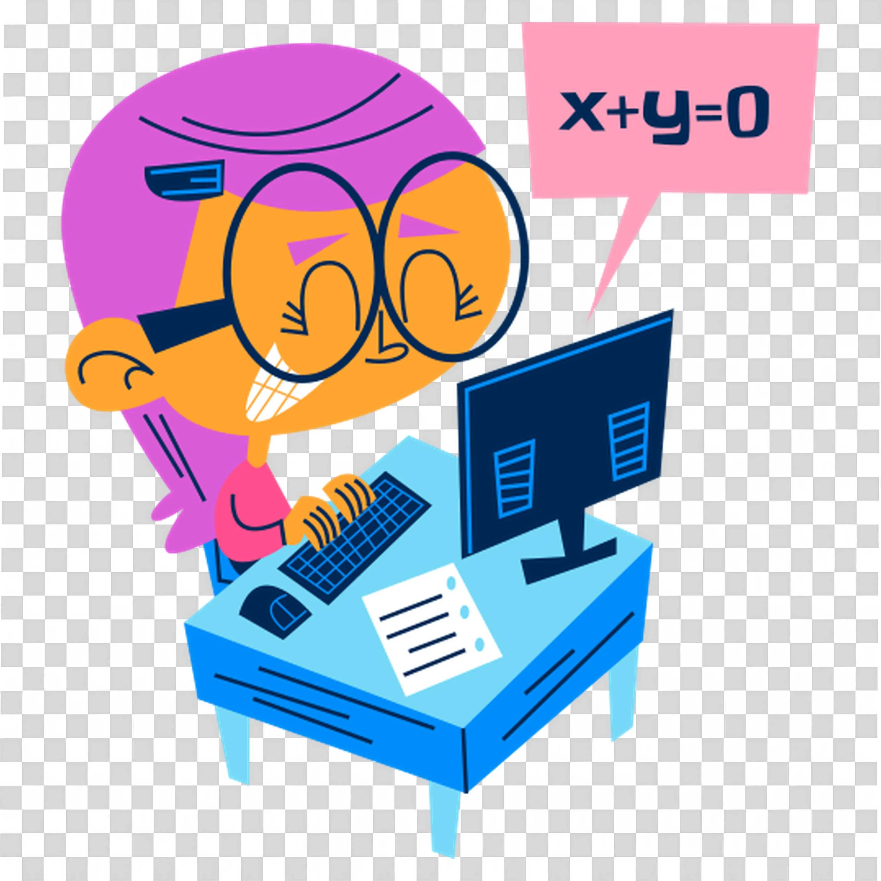 Cute Cartoon Girl Solving Math Equation on Computer Png
