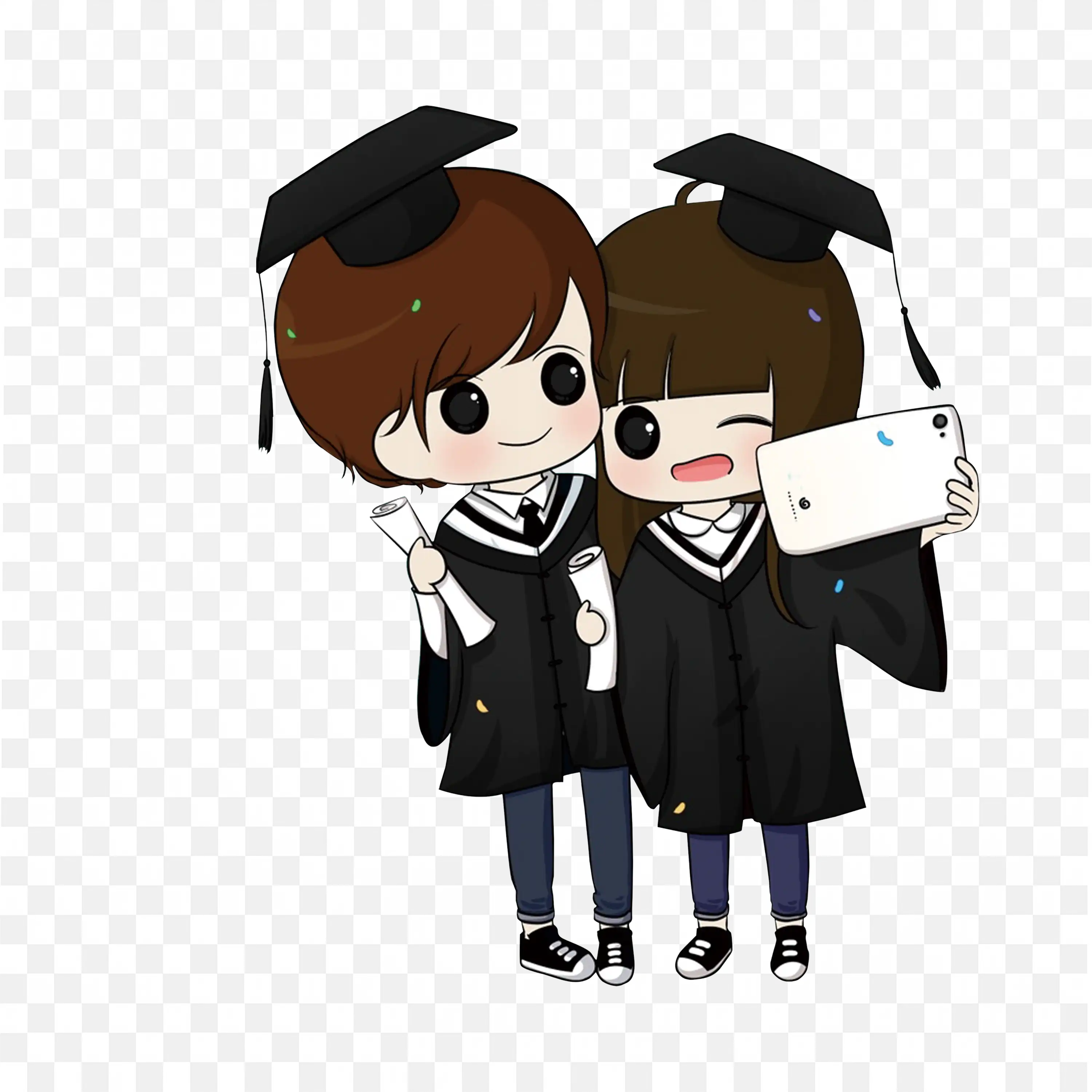 Cute Cartoon Graduates Taking a Selfie with Diplomas PNG