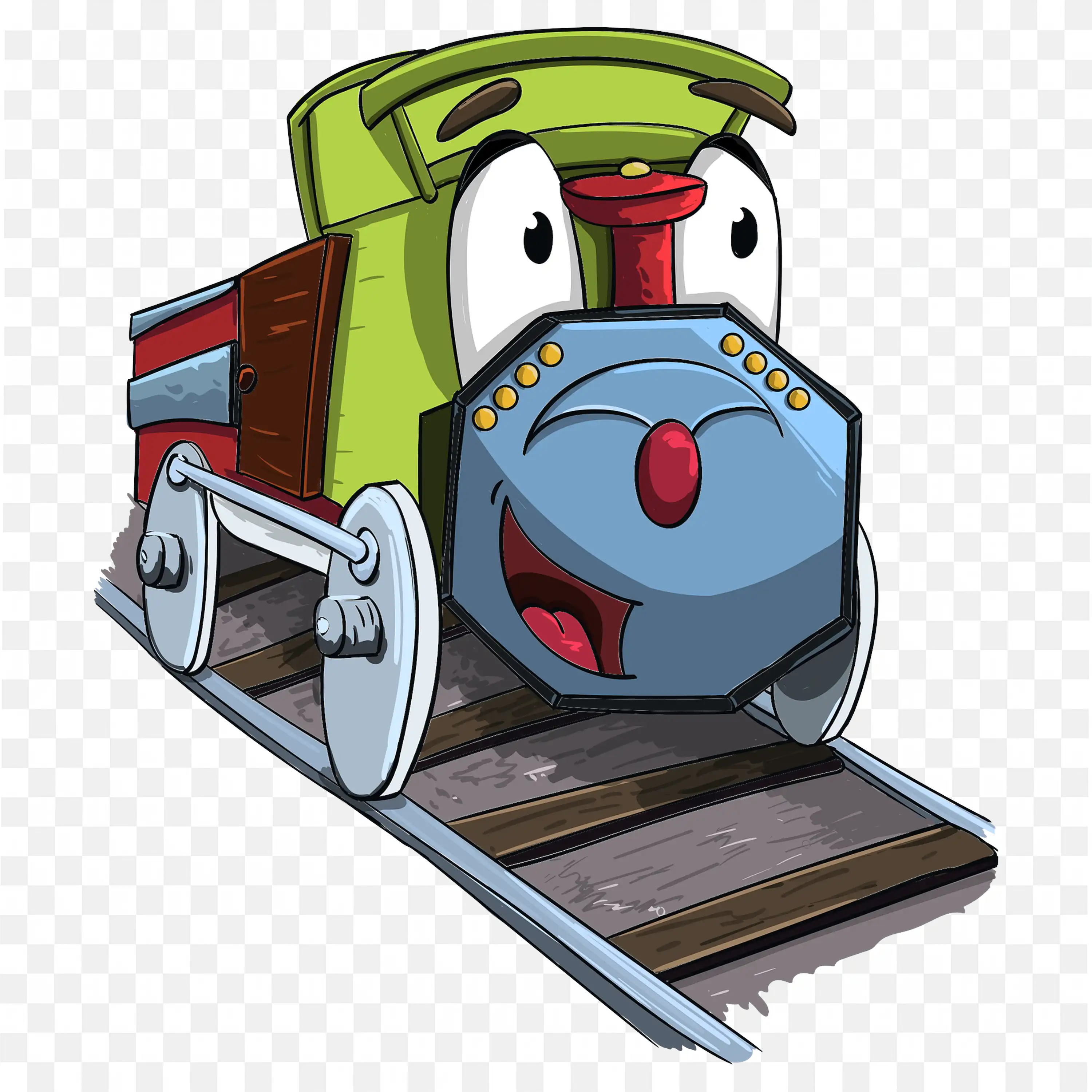 Cute Cartoon Train Engine with Smiling Face on Tracks PNG