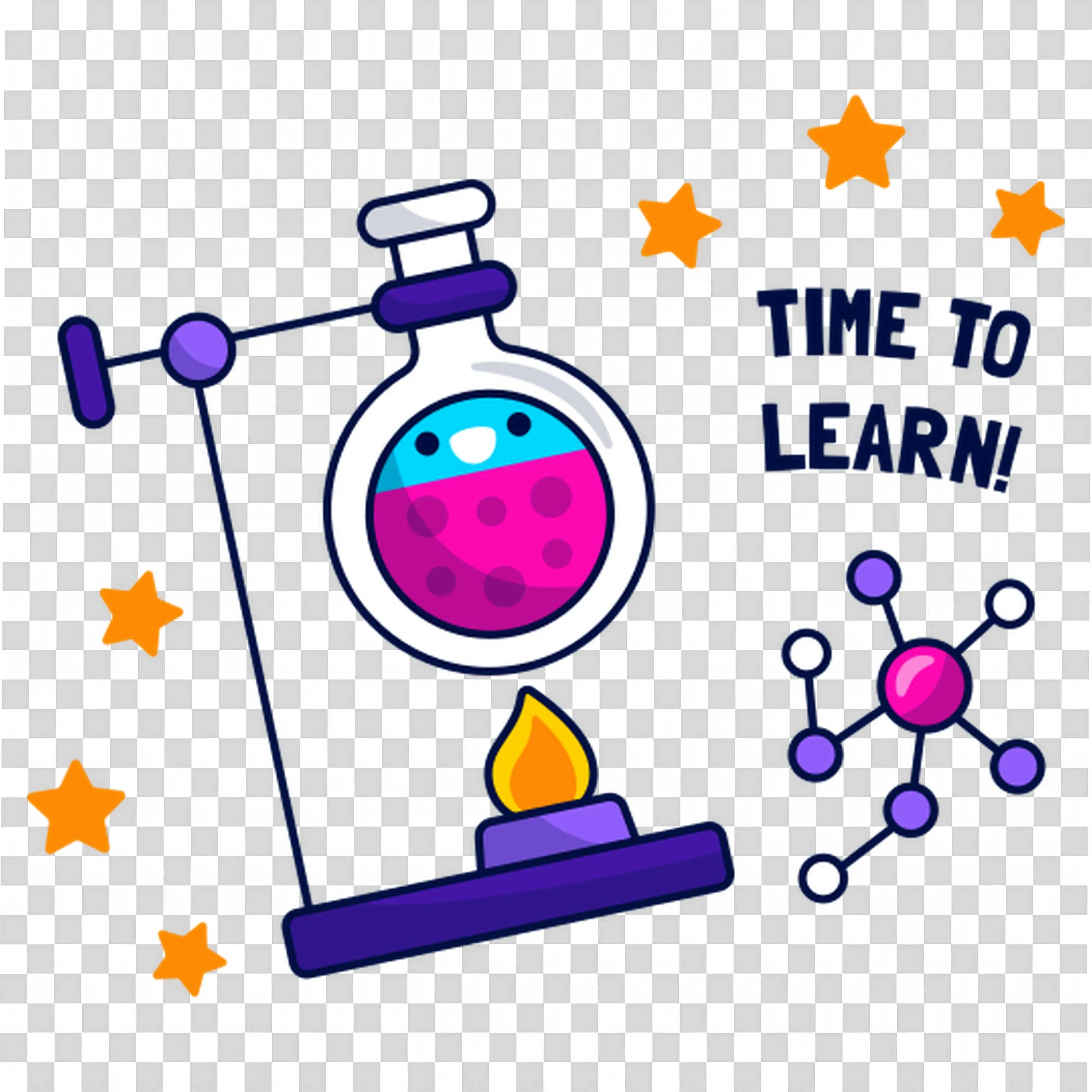 Cute Chemistry Flask on Burner with Time to Learn Text Png