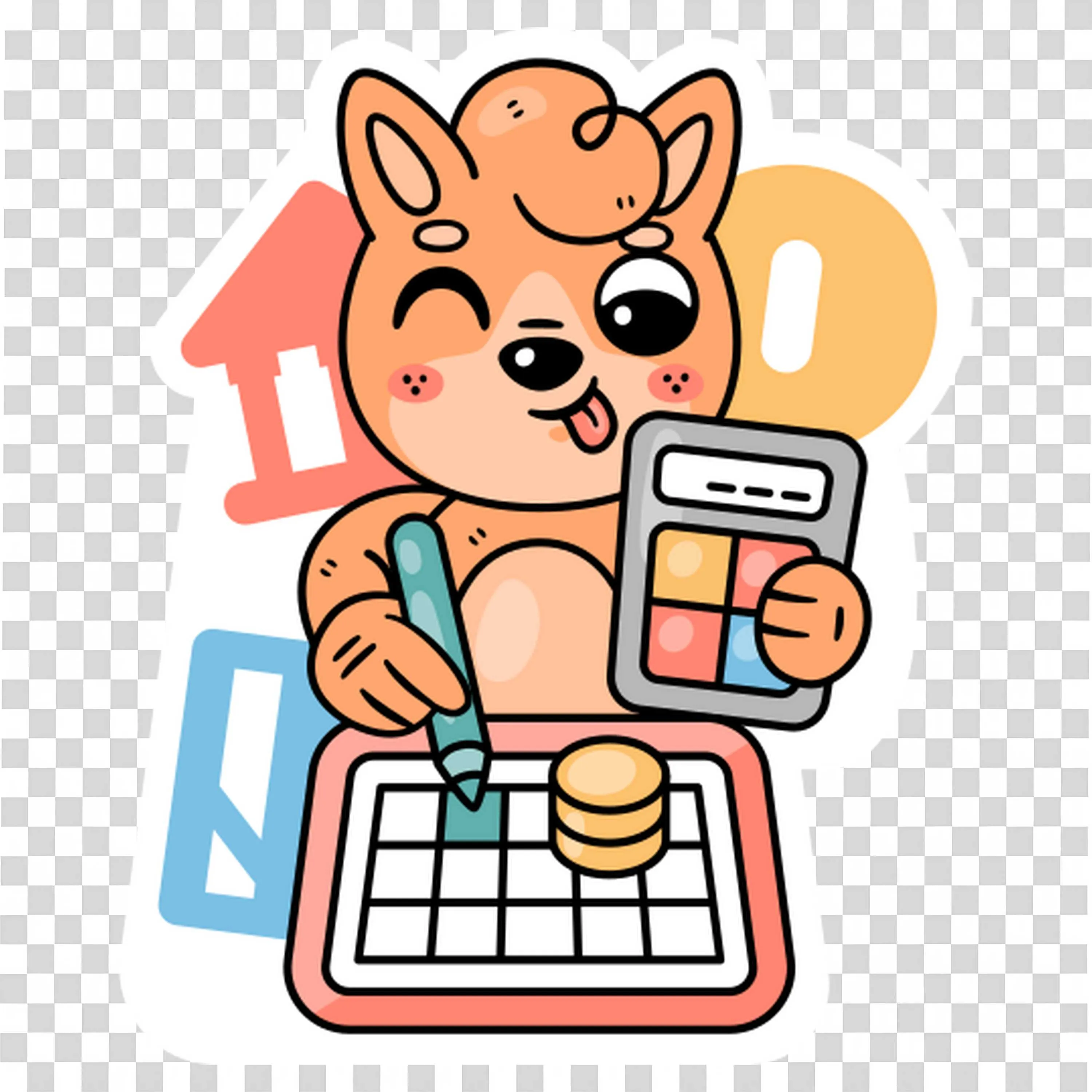 Cute Fox Calculating Finances with Coins and a Calculator