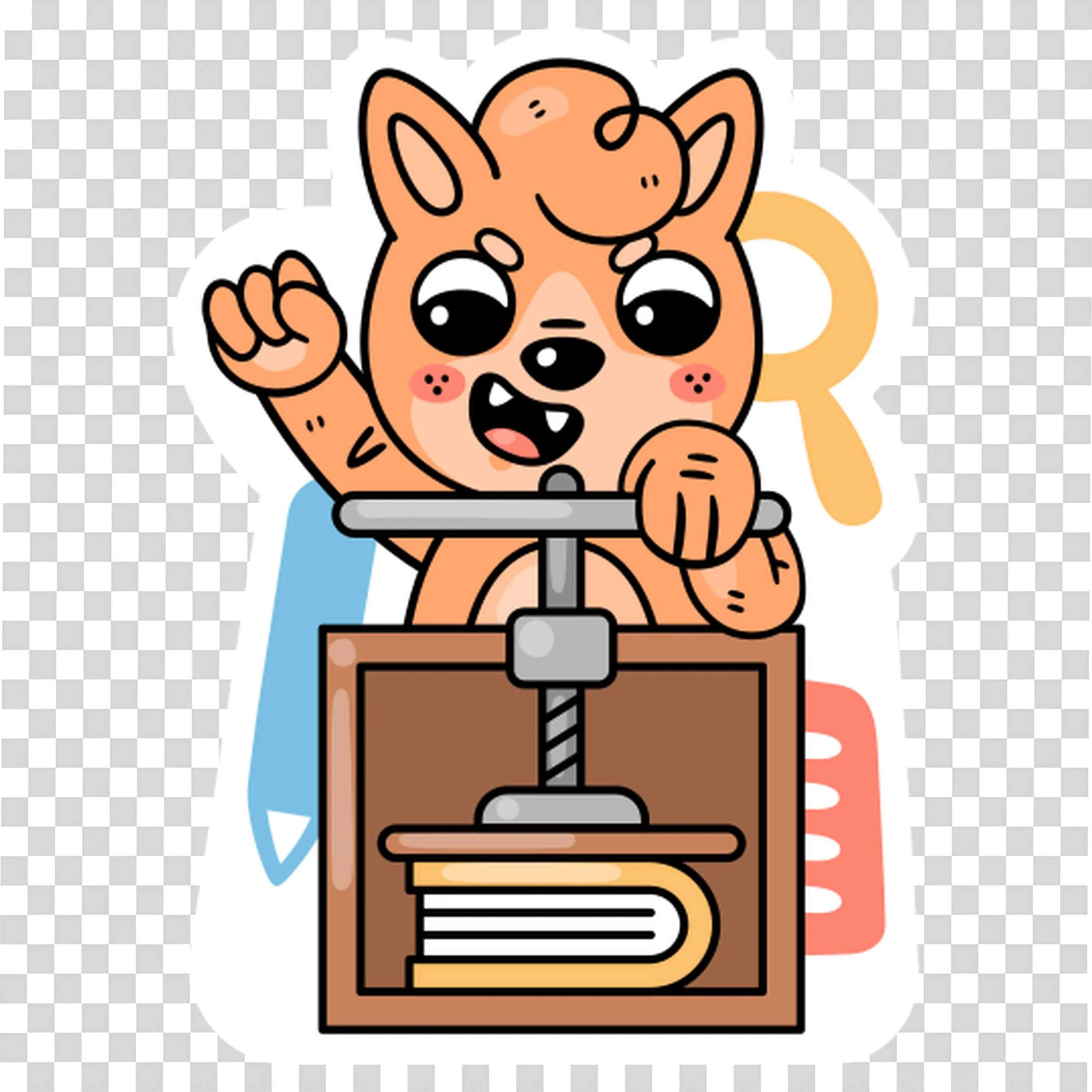 Cute Fox Demonstrating a Book Press for Learning Tools Png