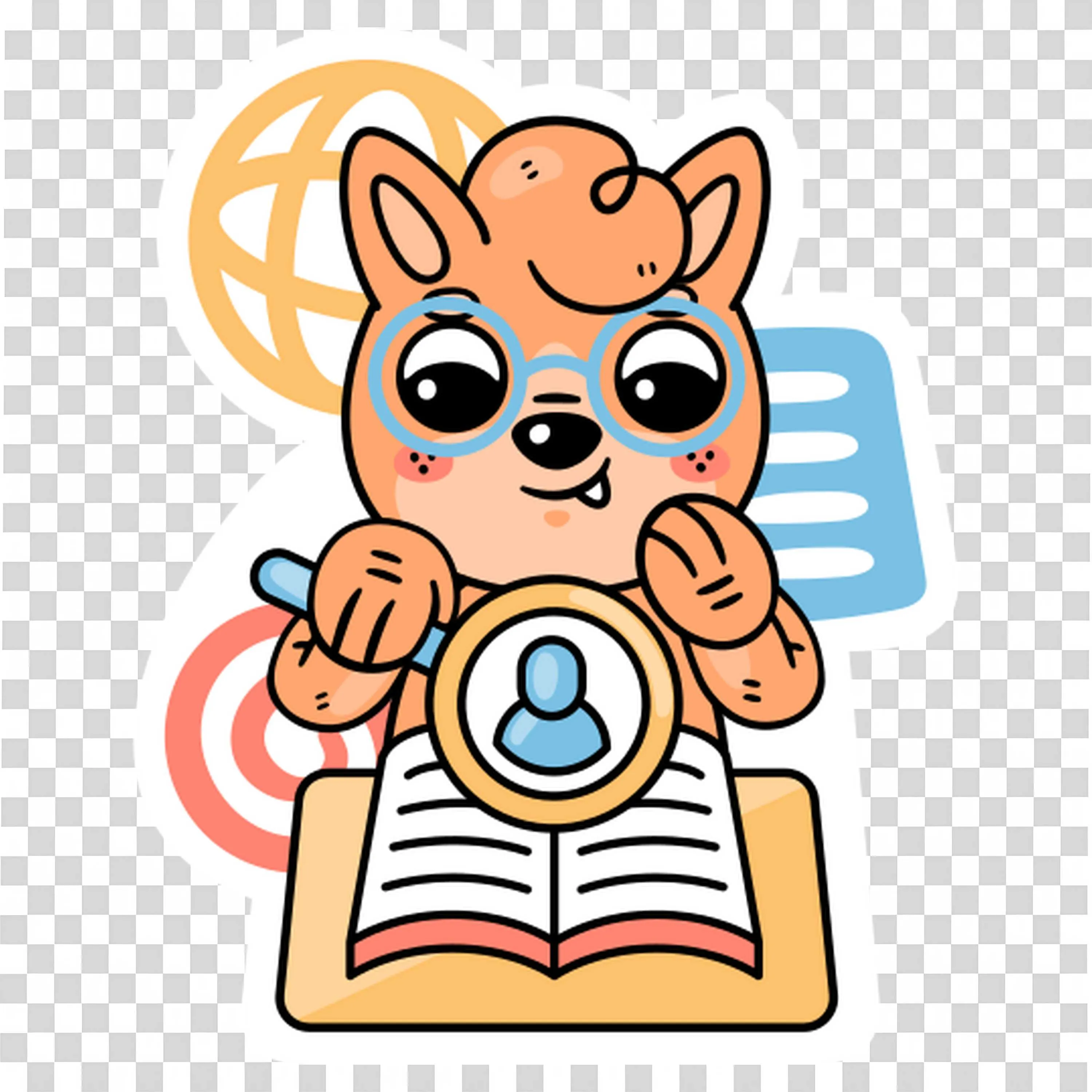 Cute Fox with Glasses Reading Book and Magnifying Glass Icon