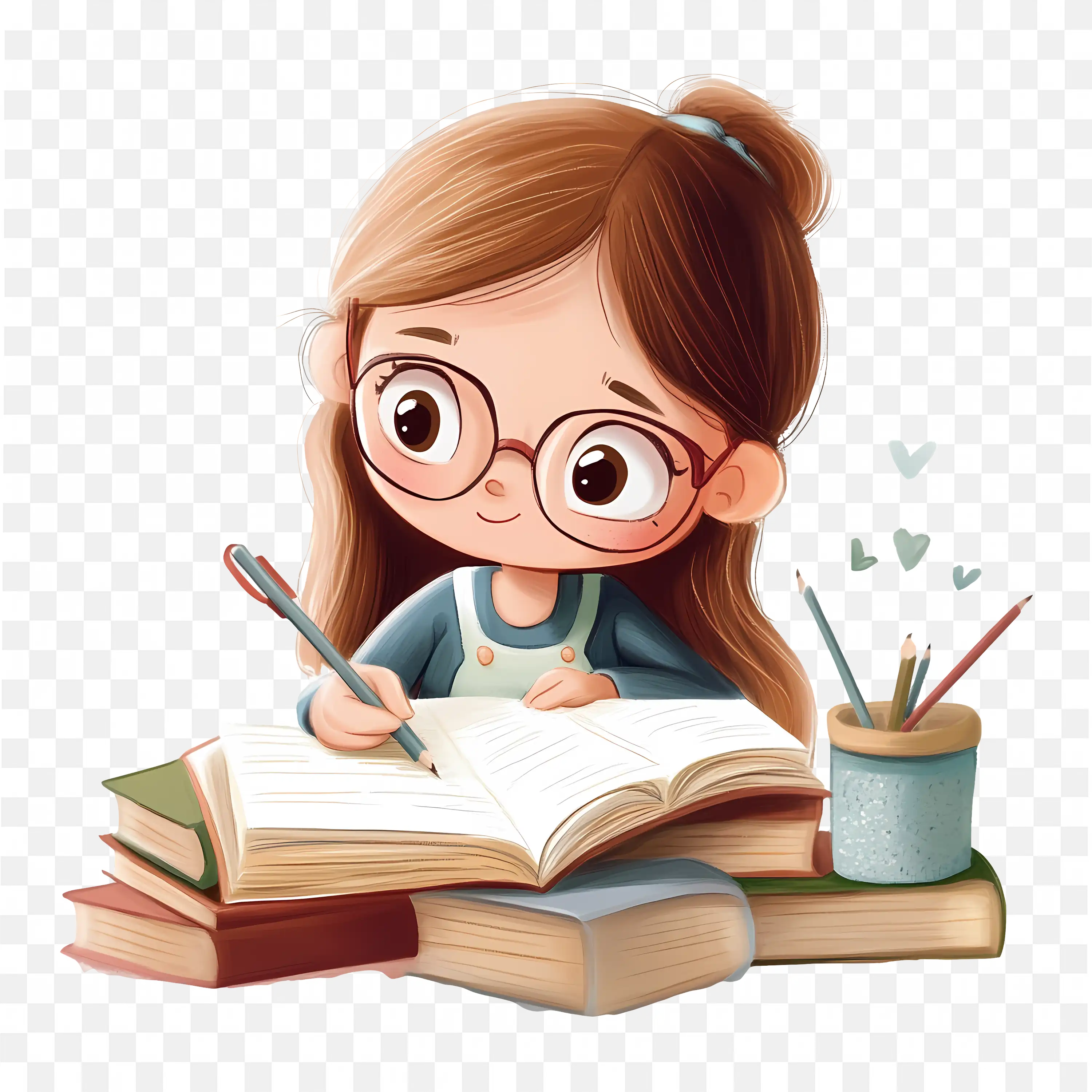 Cute Girl with Glasses Studying and Writing Notes Free PNG