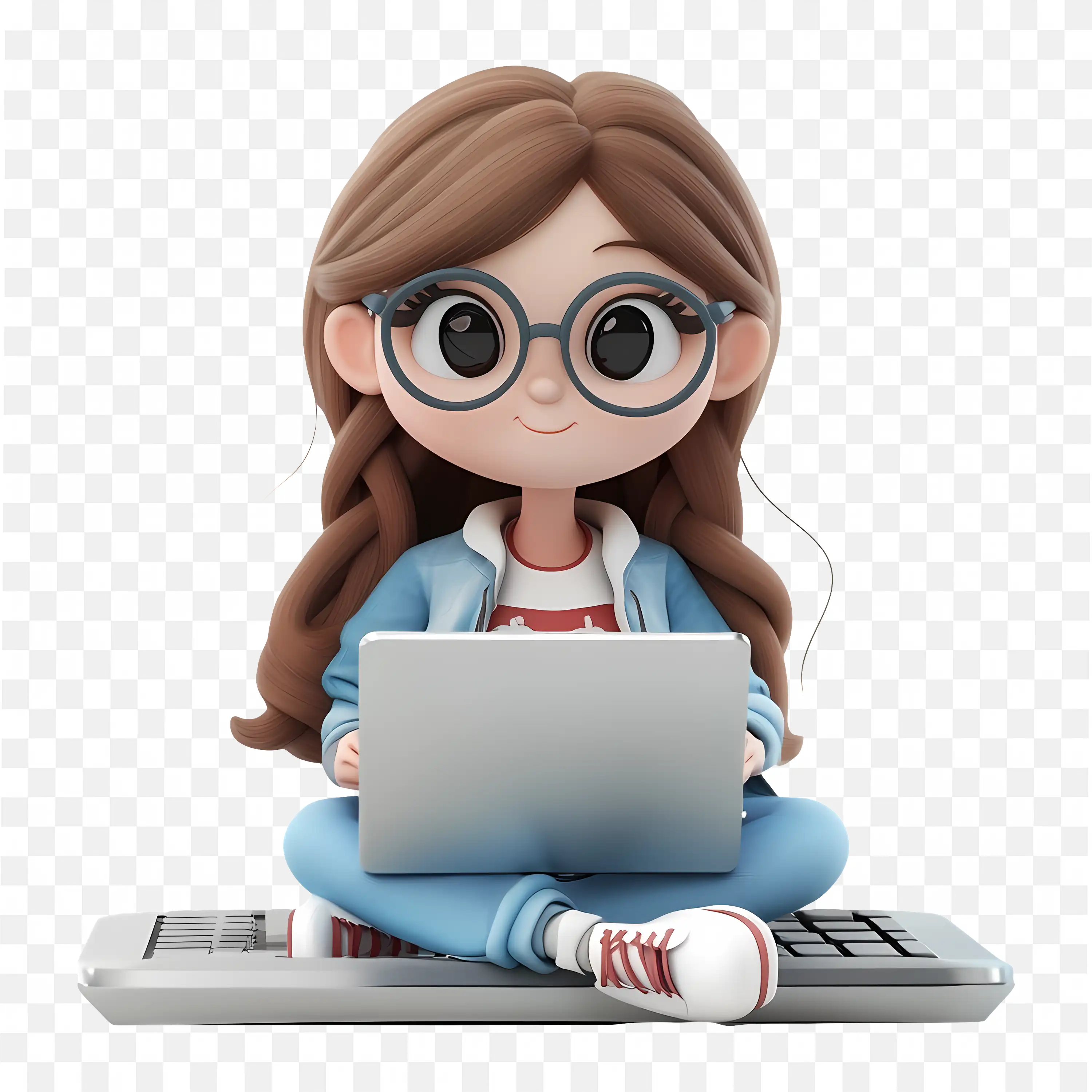 Cute Girl Sitting Above the Large Keyboard and Working PNG