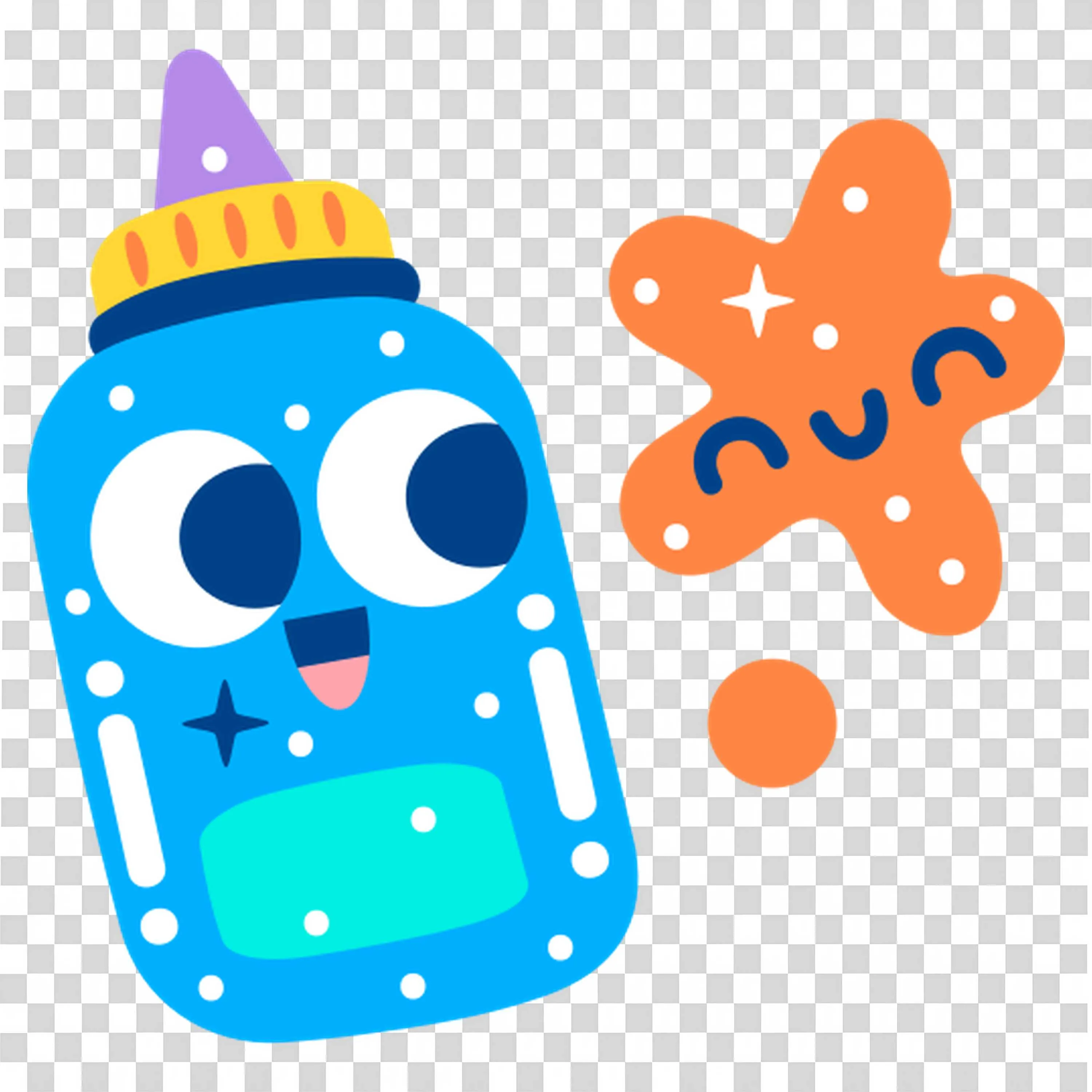 Cute Glue Bottle Cartoon with Smiley Splatter Design Png