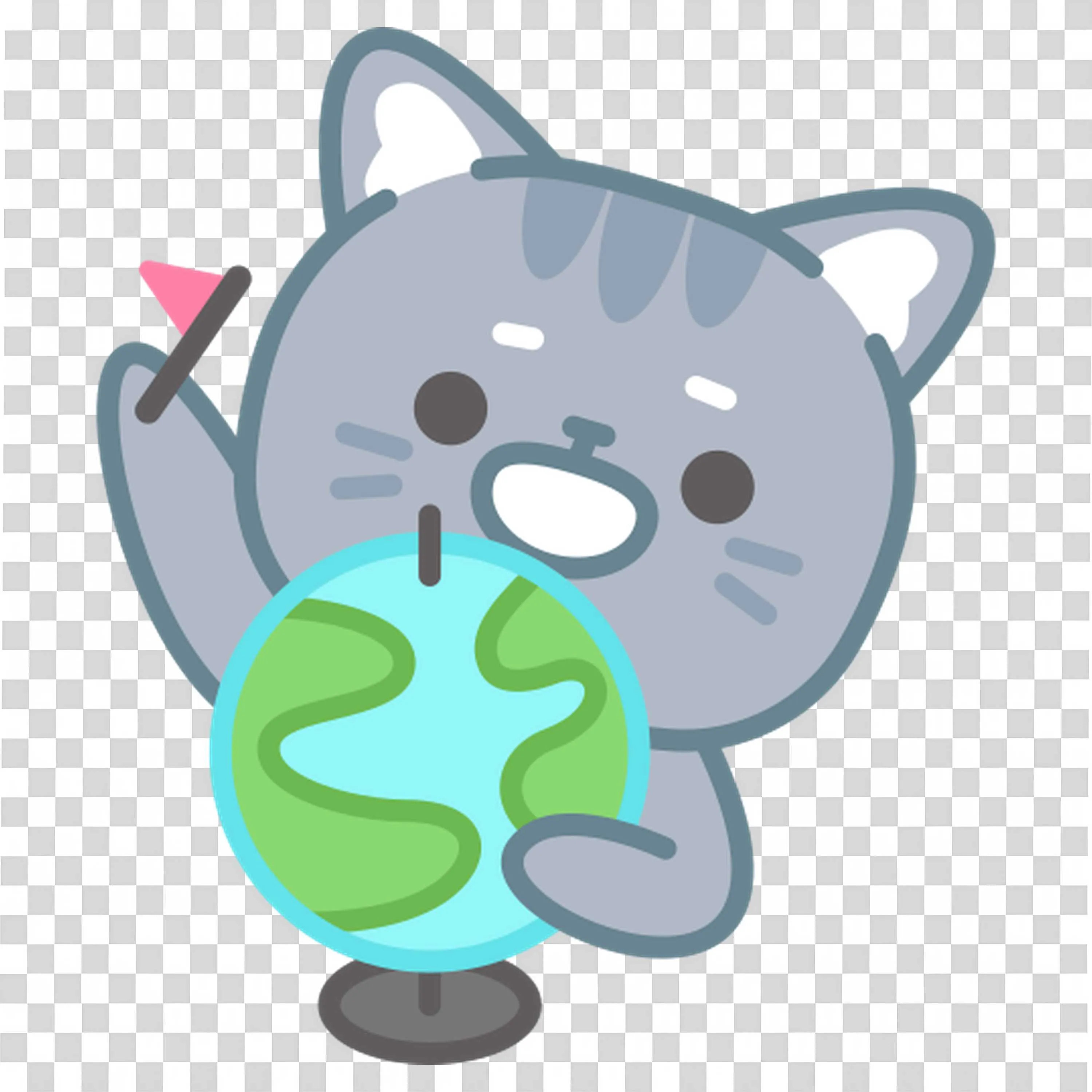Cute Gray Cat Holding a Globe with a Flag Free PNG Image