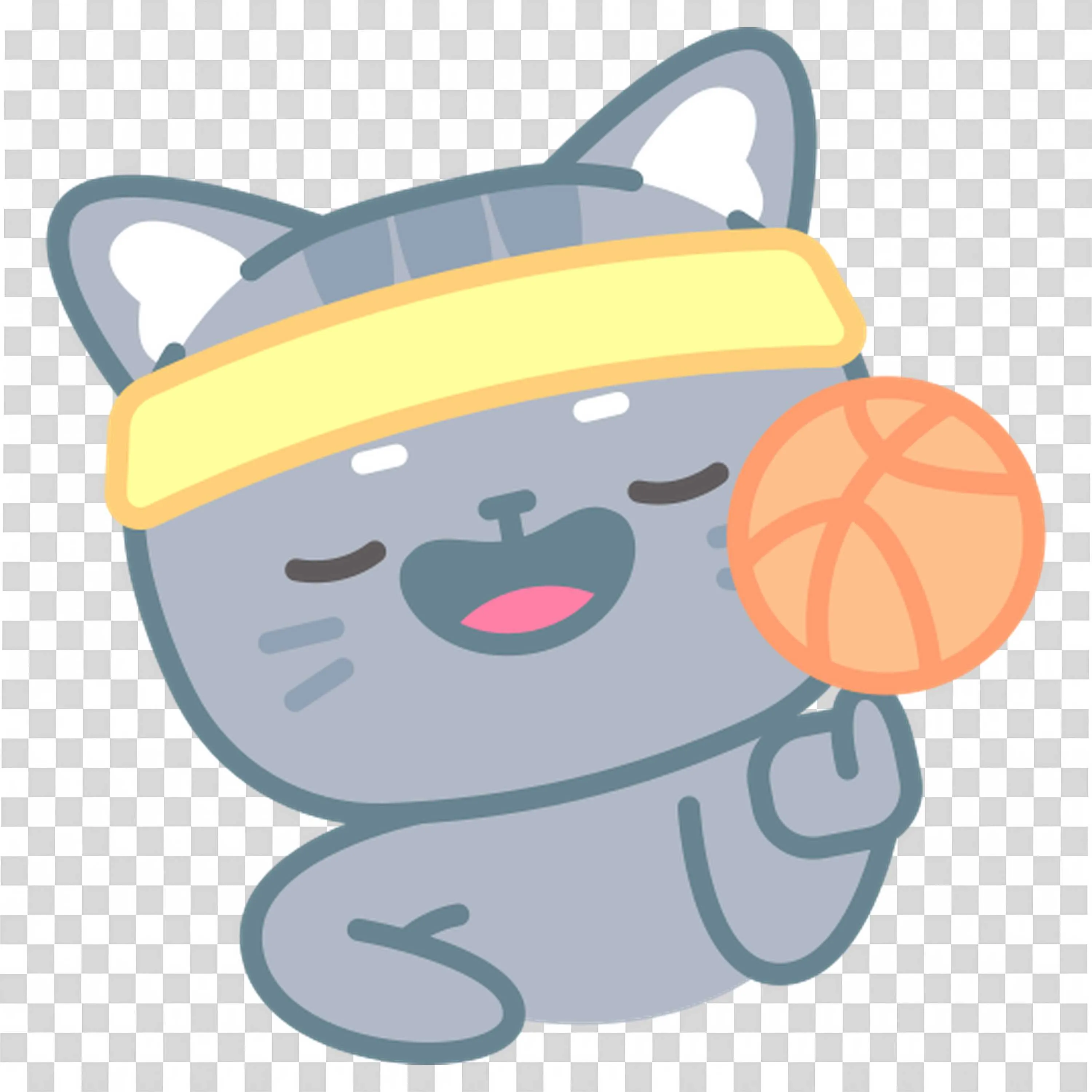 Cute Gray Cat Spinning Basketball with Yellow Headband Png