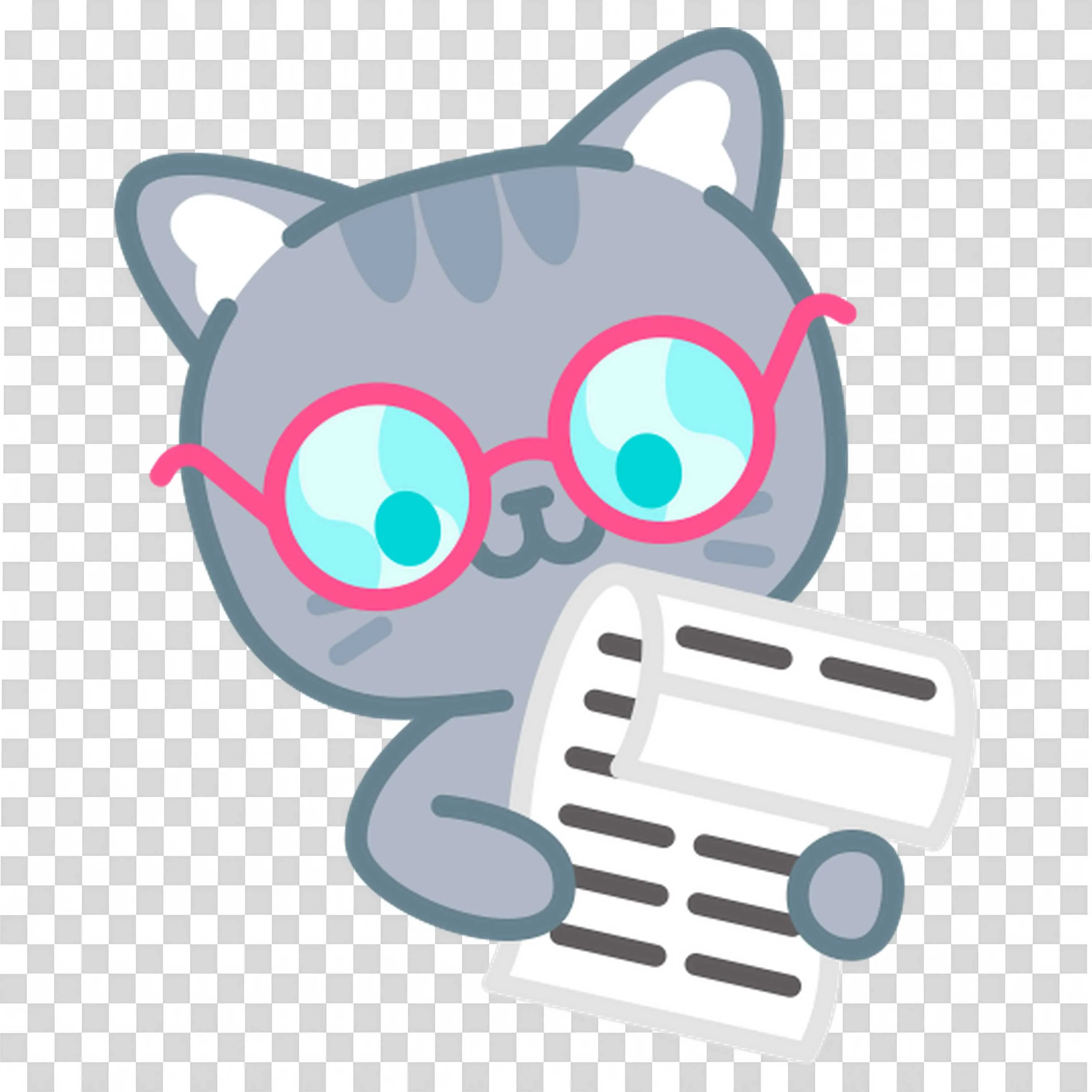 Cute Gray Cat Wearing Glasses and Reading a Test Paper Png