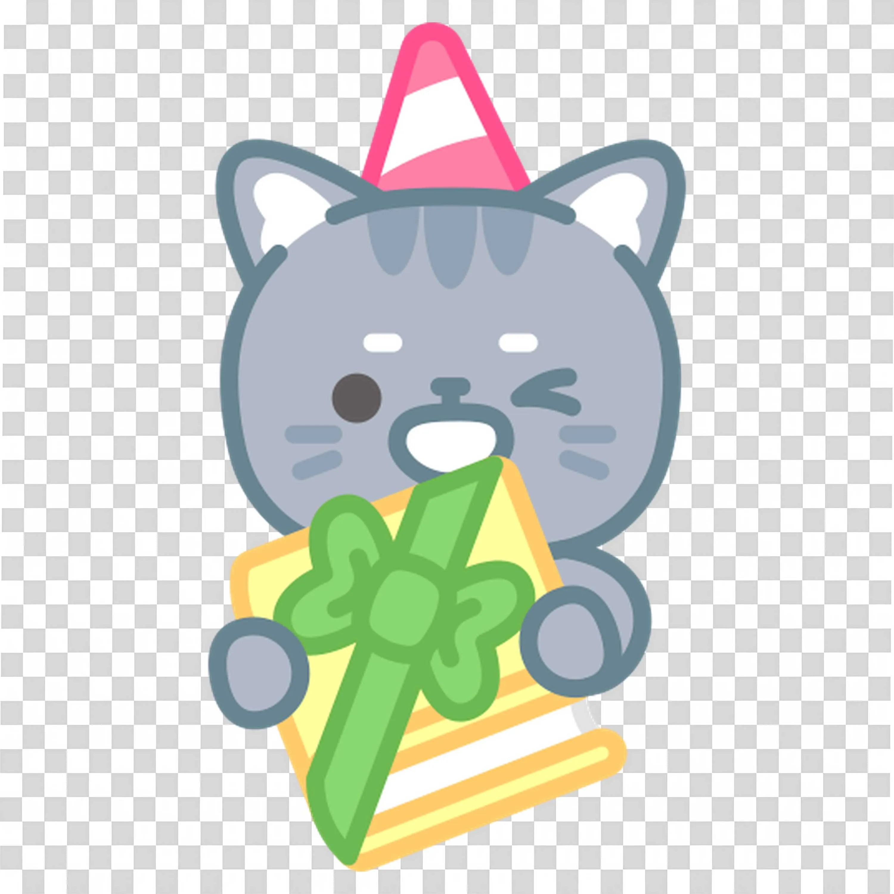 Cute Gray Cat Wearing Party Hat Holding a Gift Box PNG Image