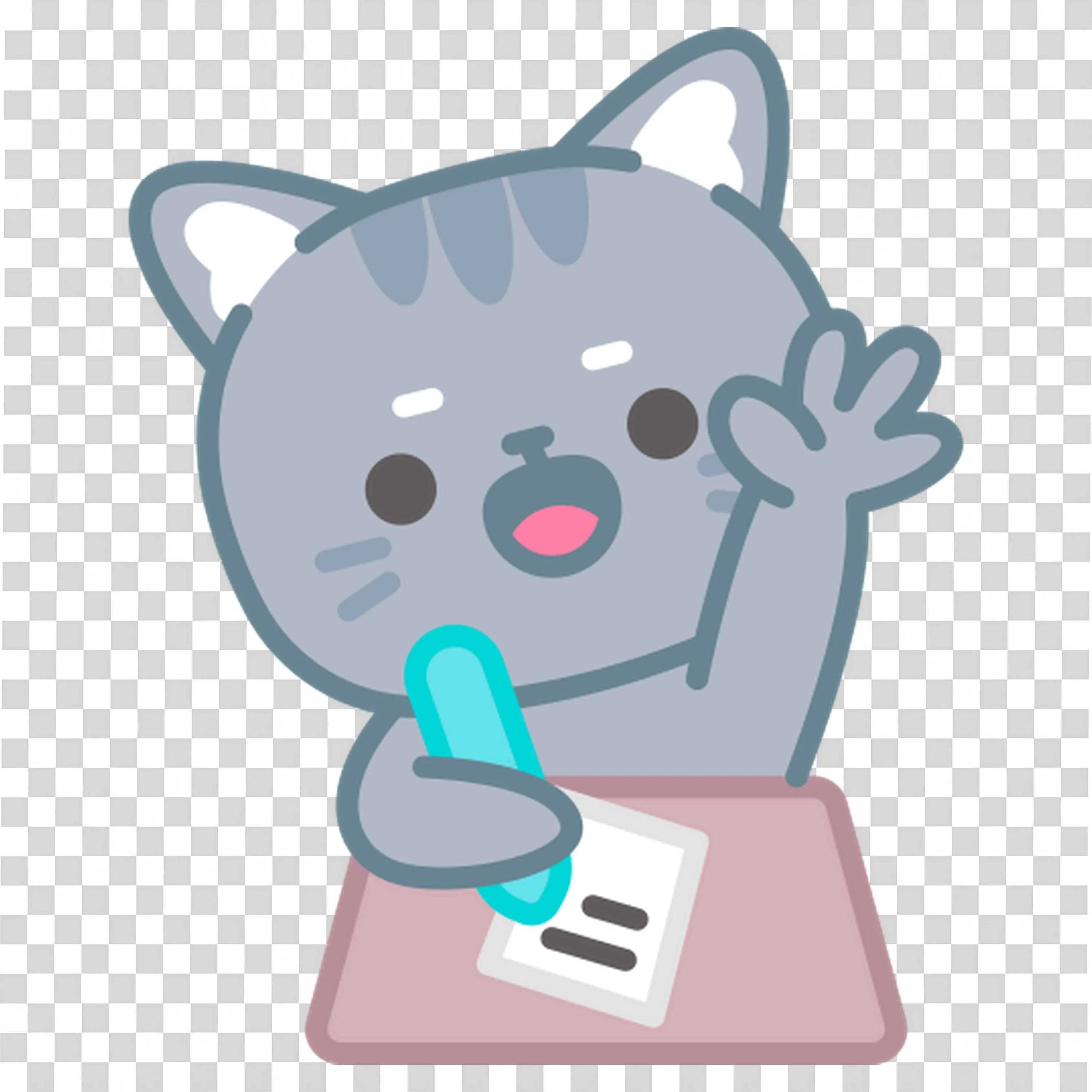 Cute Gray Cat Writing with a Crayon Waving Hello PNG Image