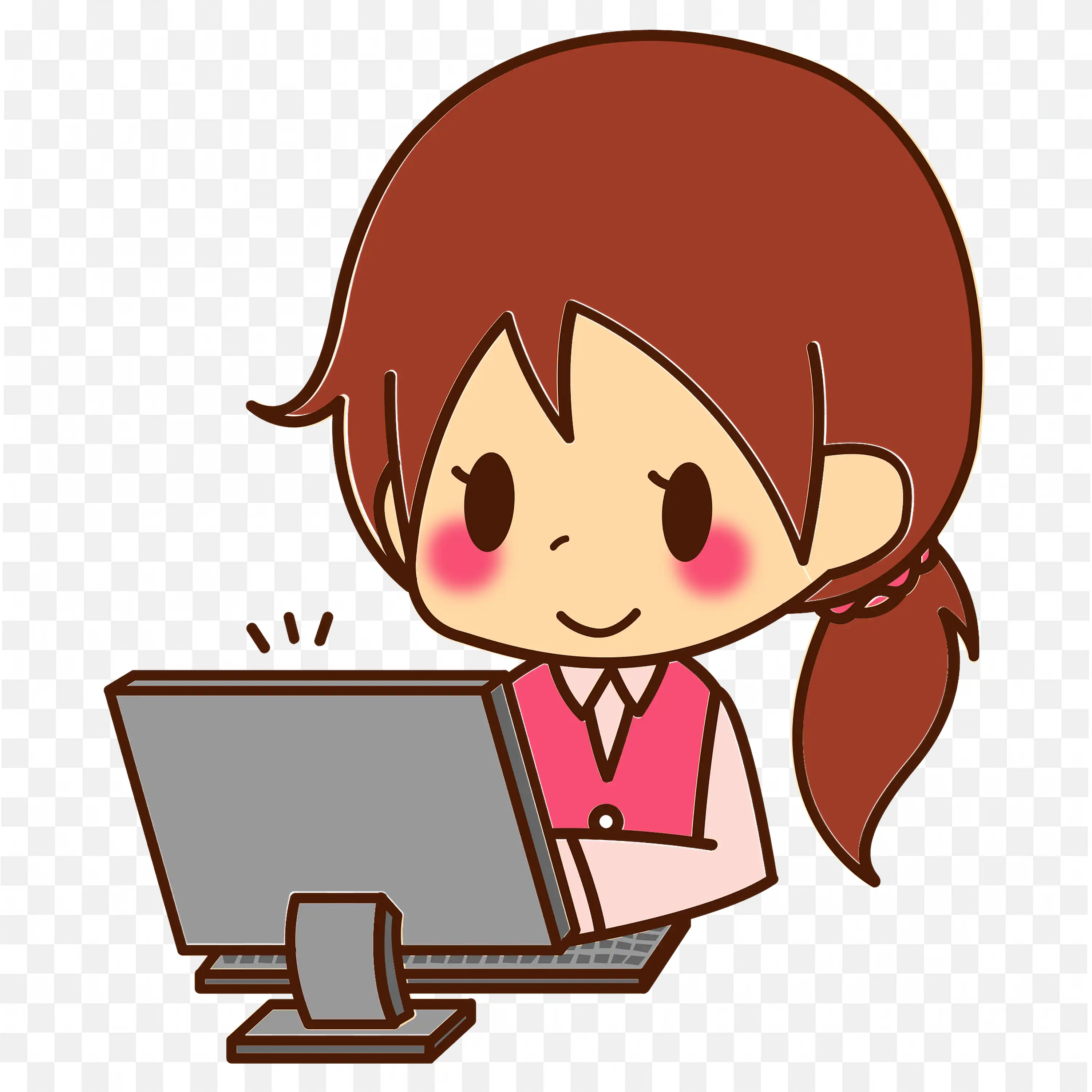 Cute Hair Tied Up Girl is Working on Laptop Happily Png