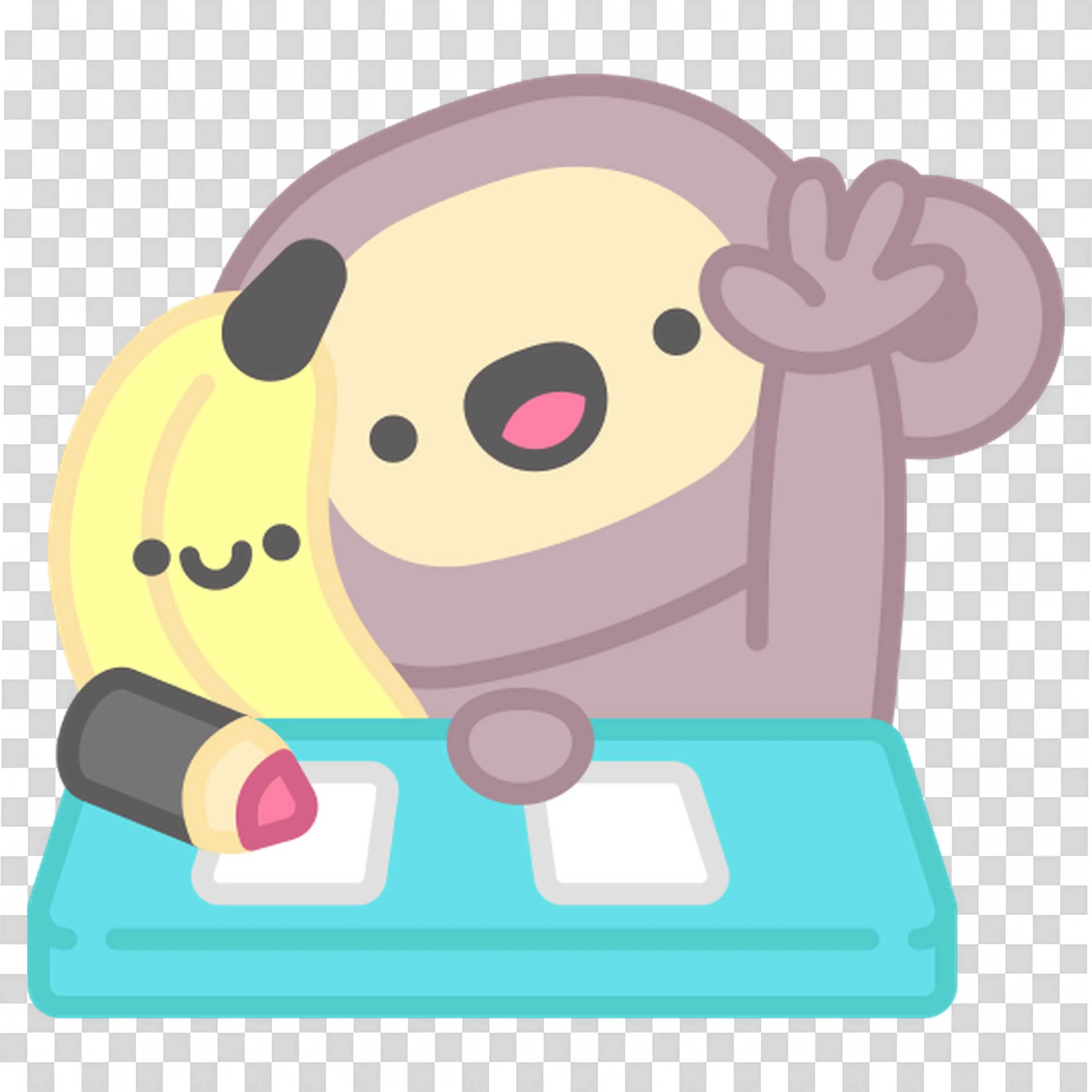 Cute Monkey Writing Happily at a Desk with a Banana Friend