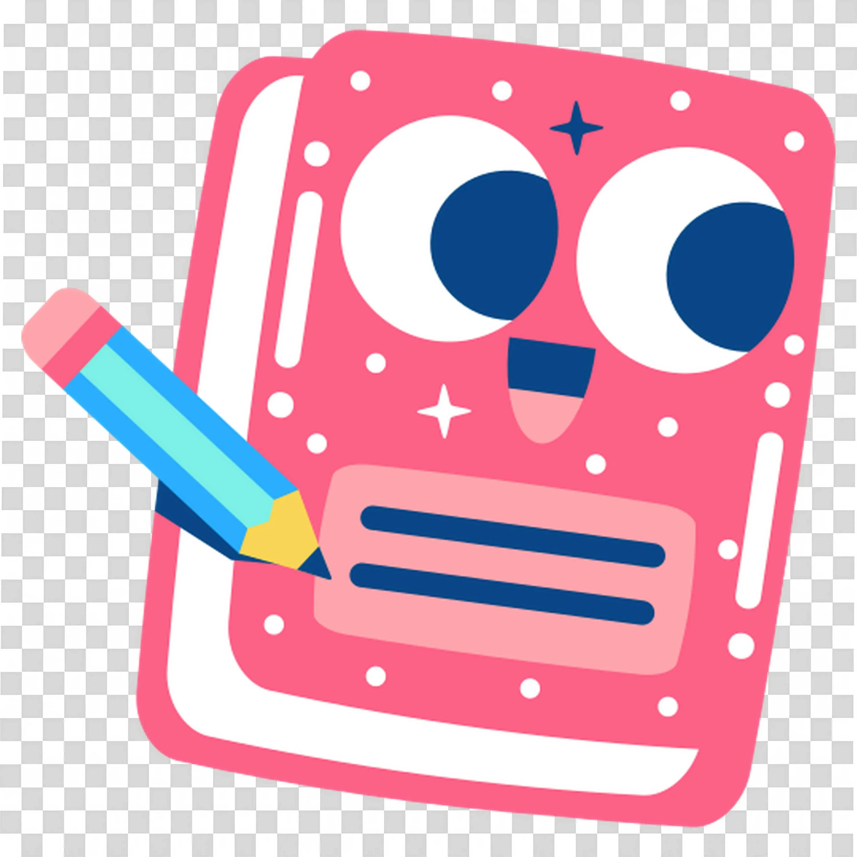 Cute Pink Notebook with Face and Pencil in Cartoon Style