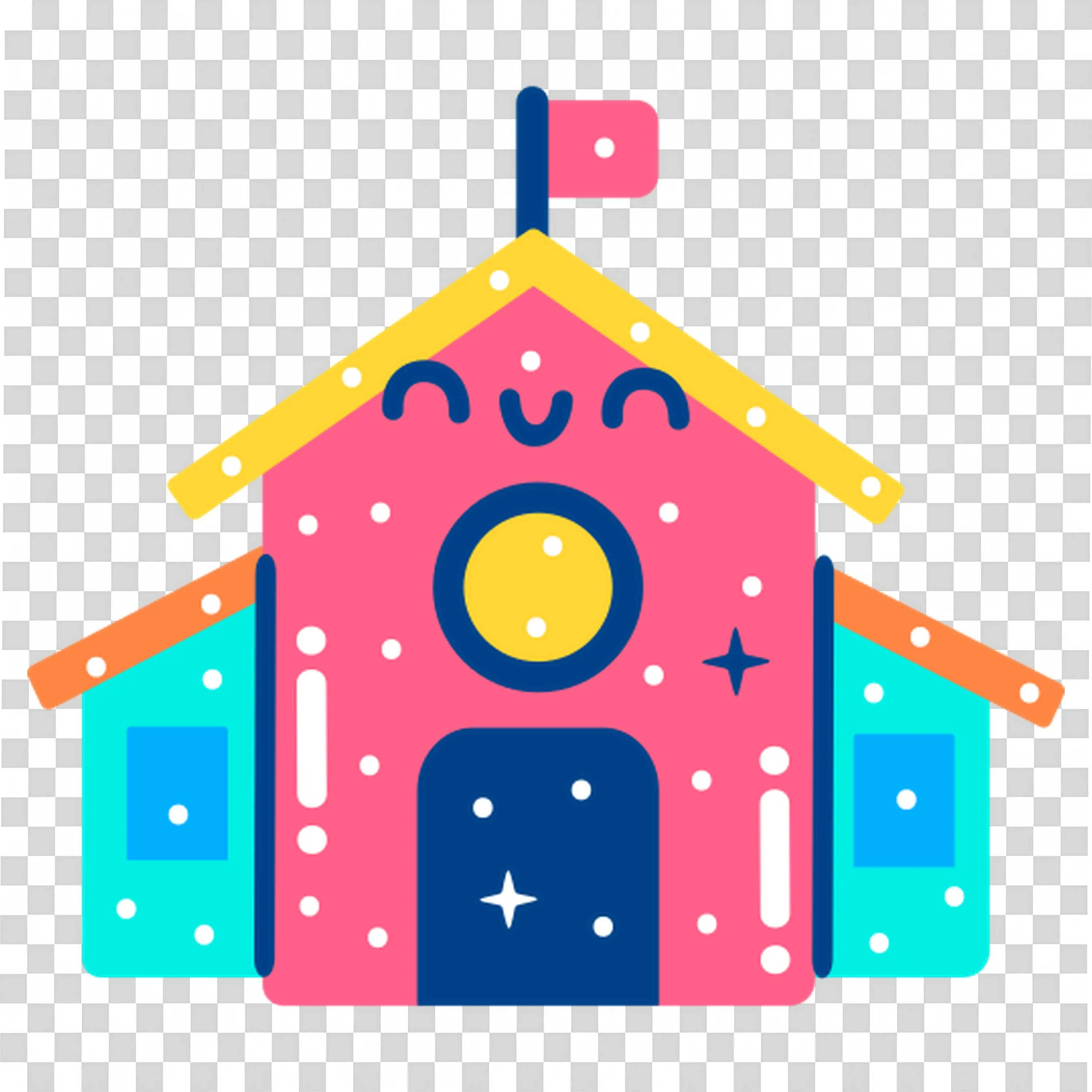 Cute Pink School Building with a Yellow Roof and Flag Png