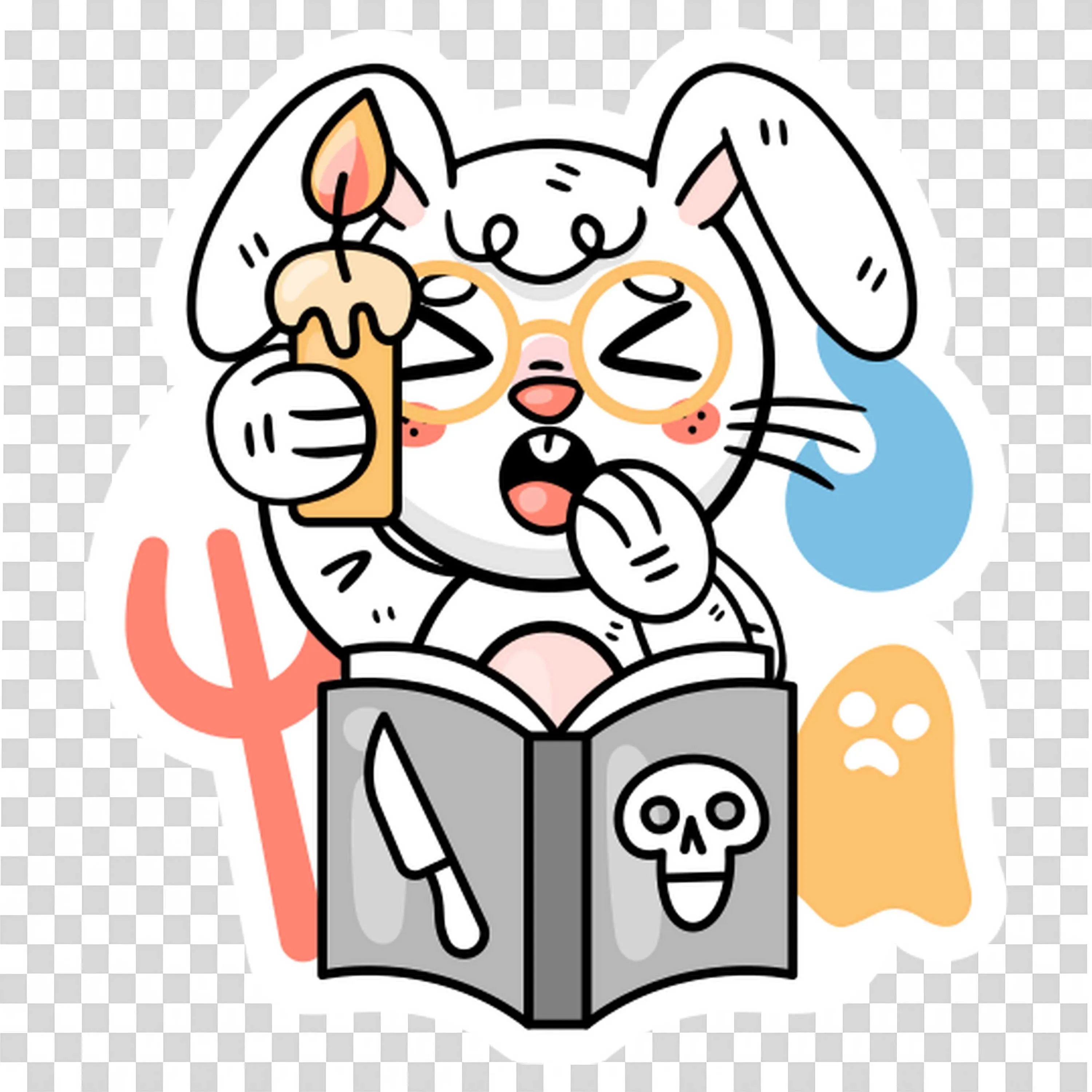 Cute Scared Bunny Reading Scary Book By Candlelight Png