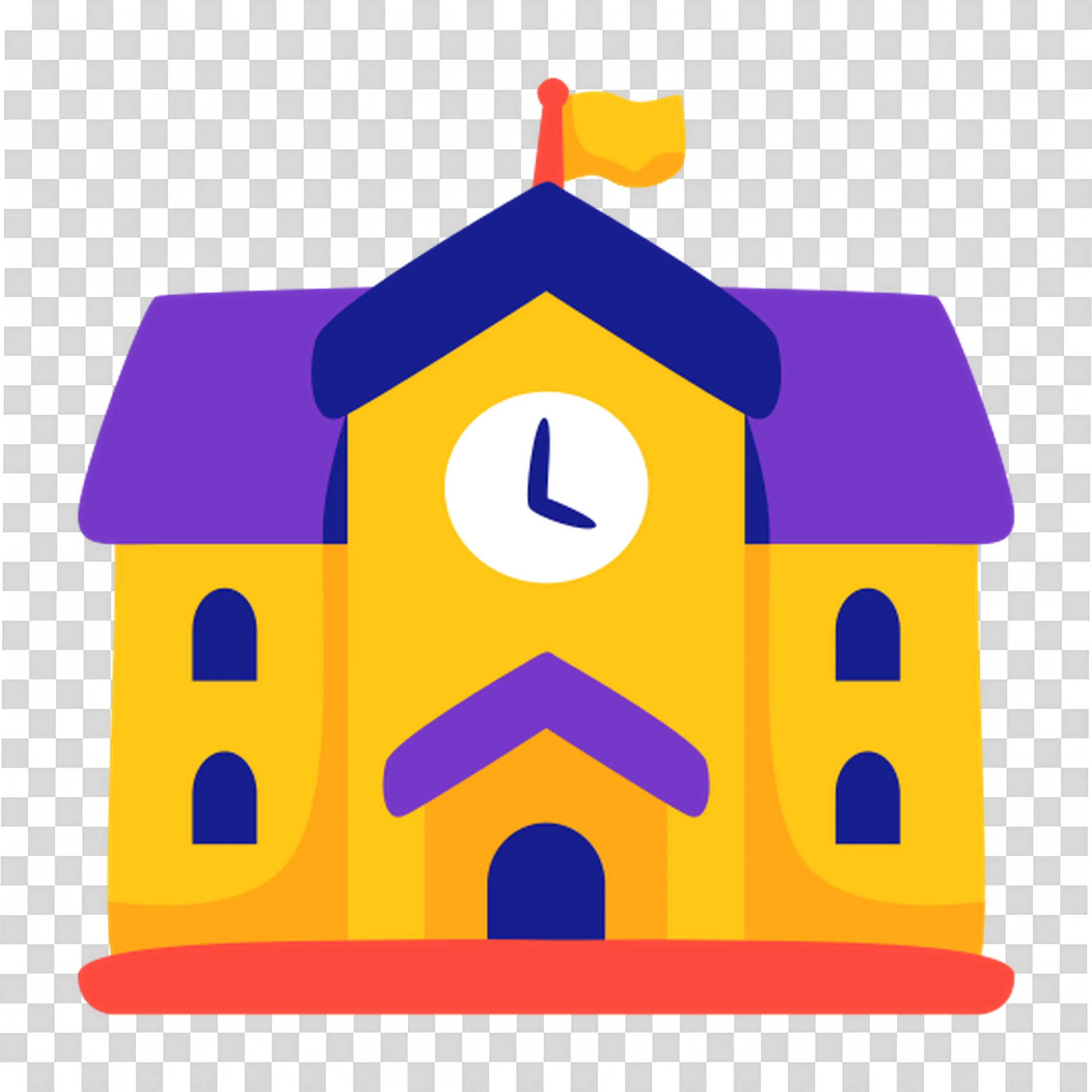 Cute School Building with Clock Tower and Yellow Flag Png
