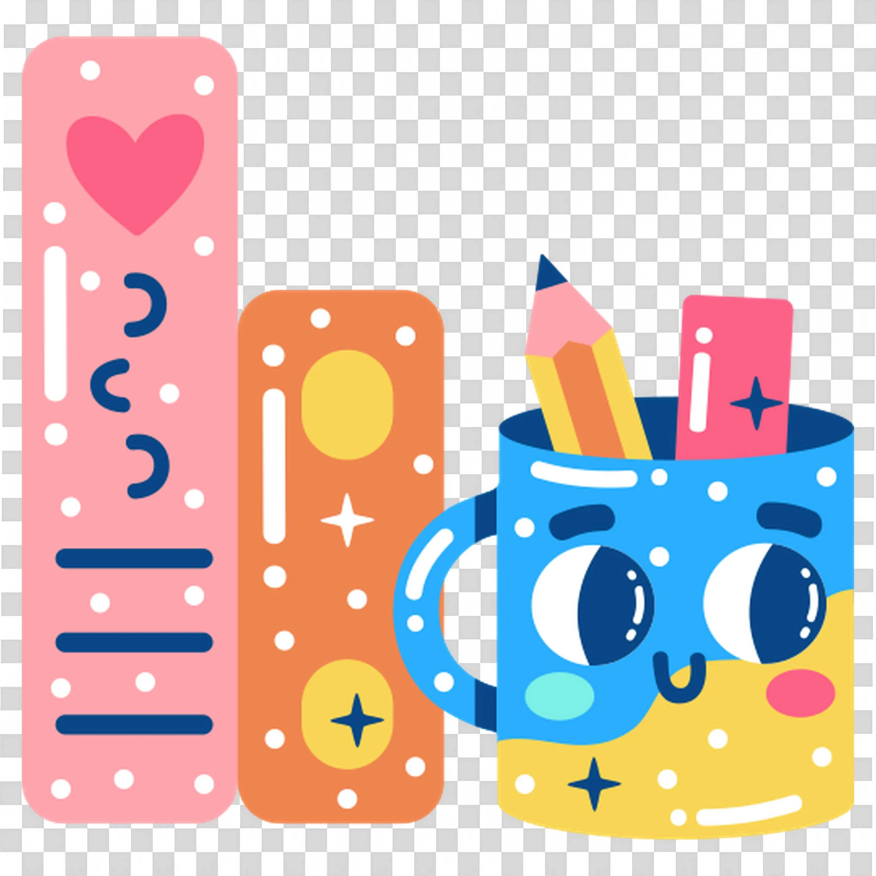 Cute School Supplies in Mug with Rulers Pencil and Eraser