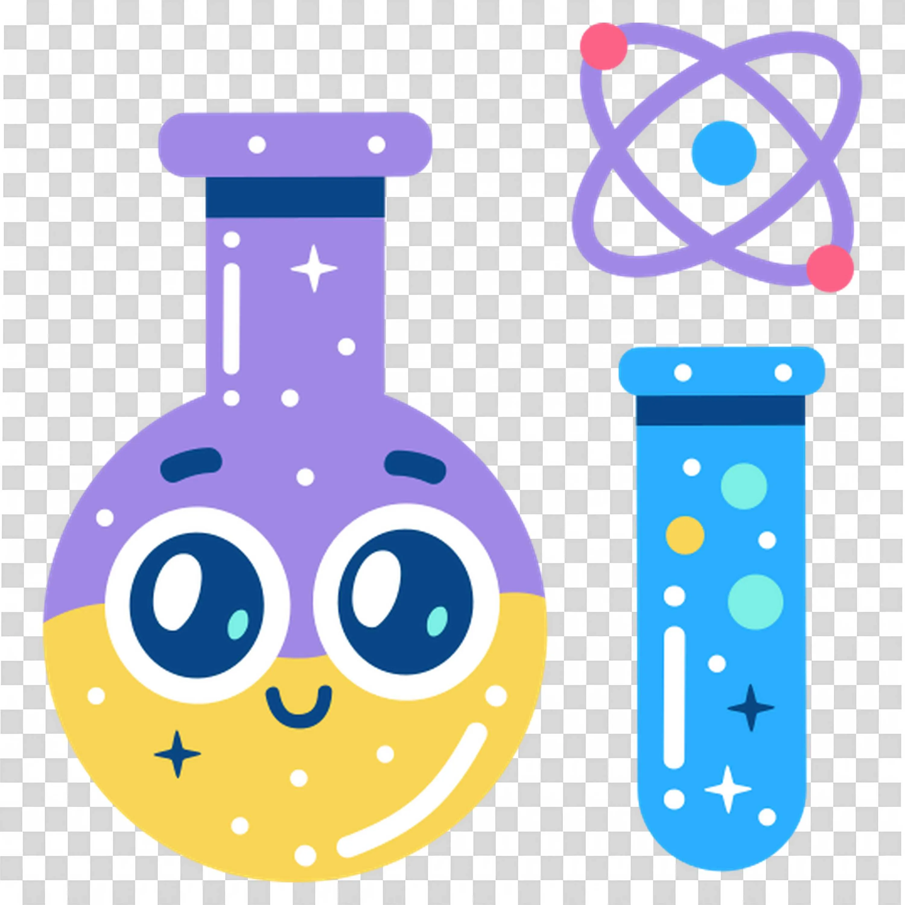 Cute Science Flask with Beakers and Atom Icon PNG Image