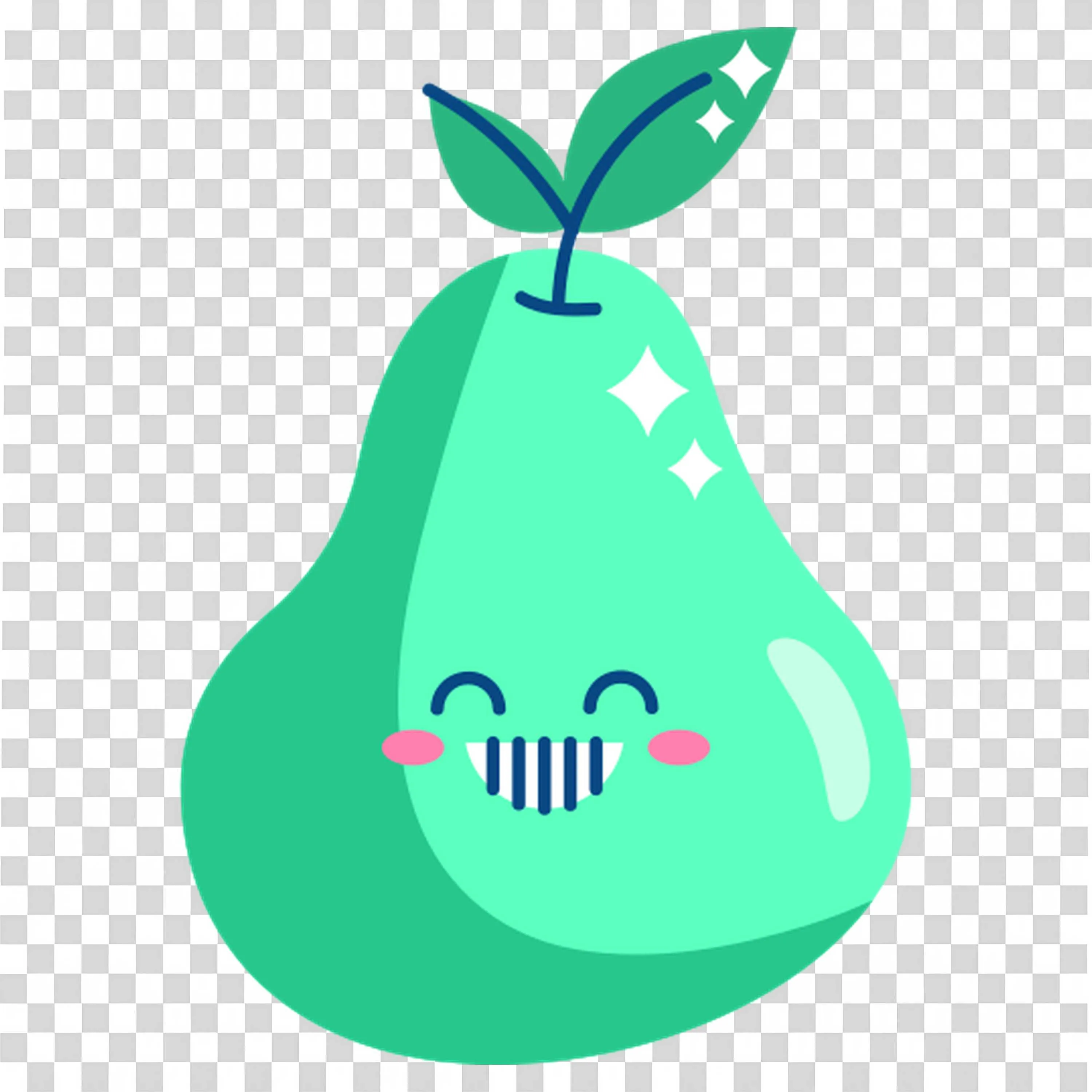 Cute Smiling Green Pear with Leaves Cartoon Fruit PNG Image