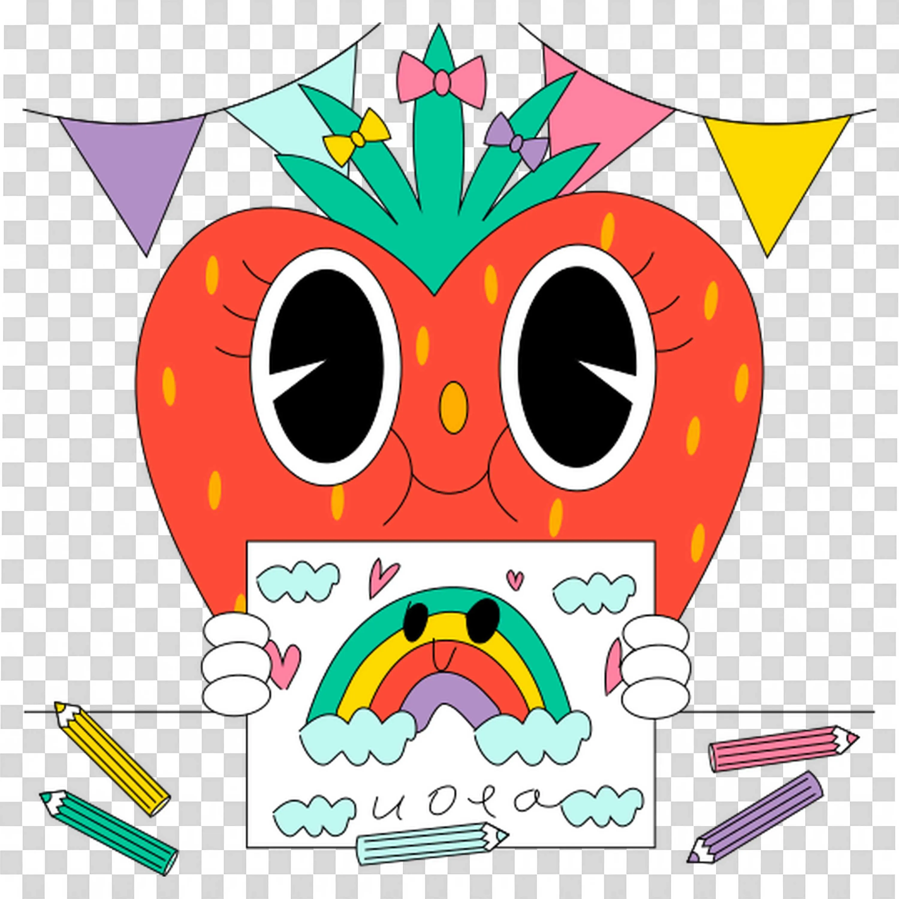 Cute Strawberry Character with a Rainbow Drawing Art Png