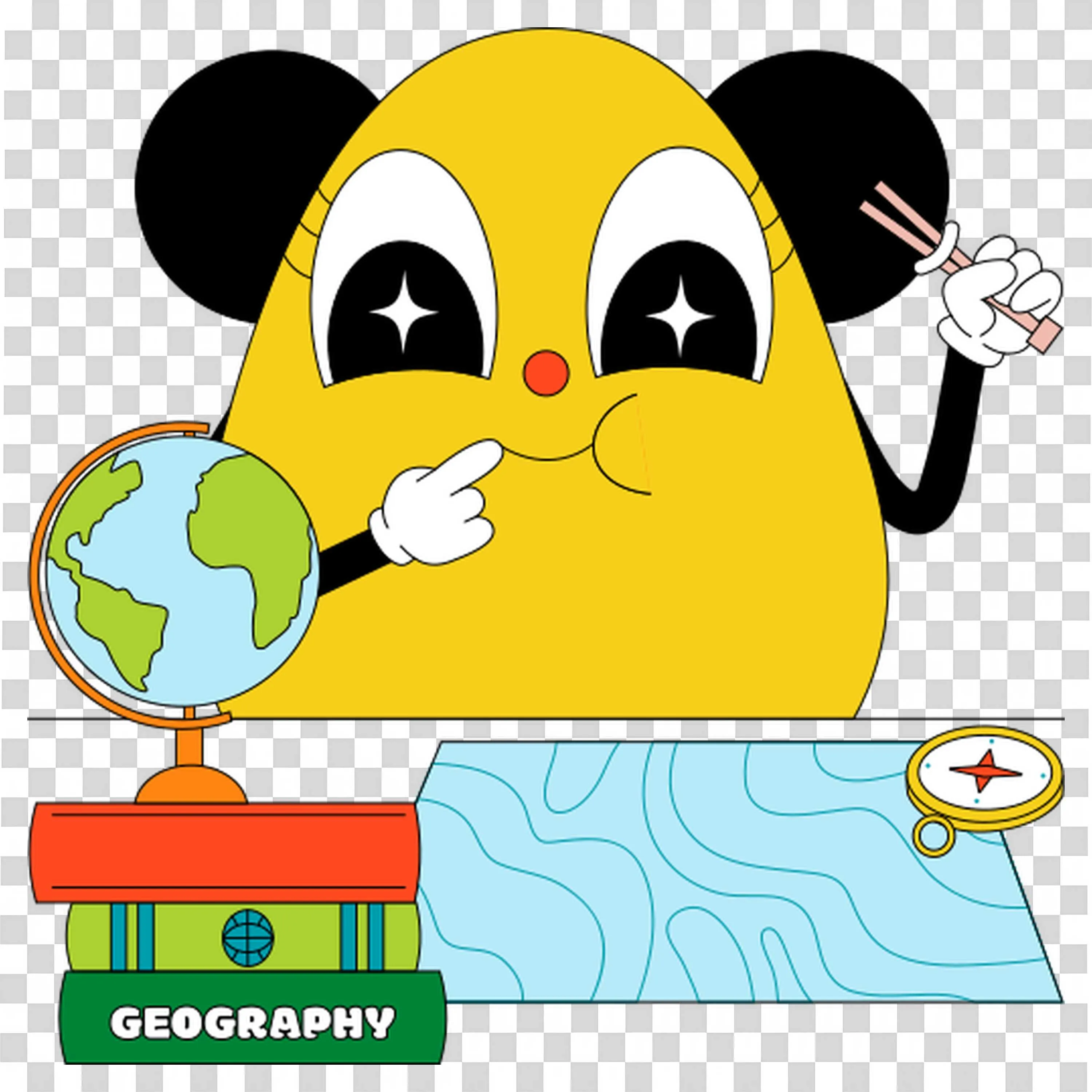 Cute Yellow Mouse Character with Geography Books and Globe