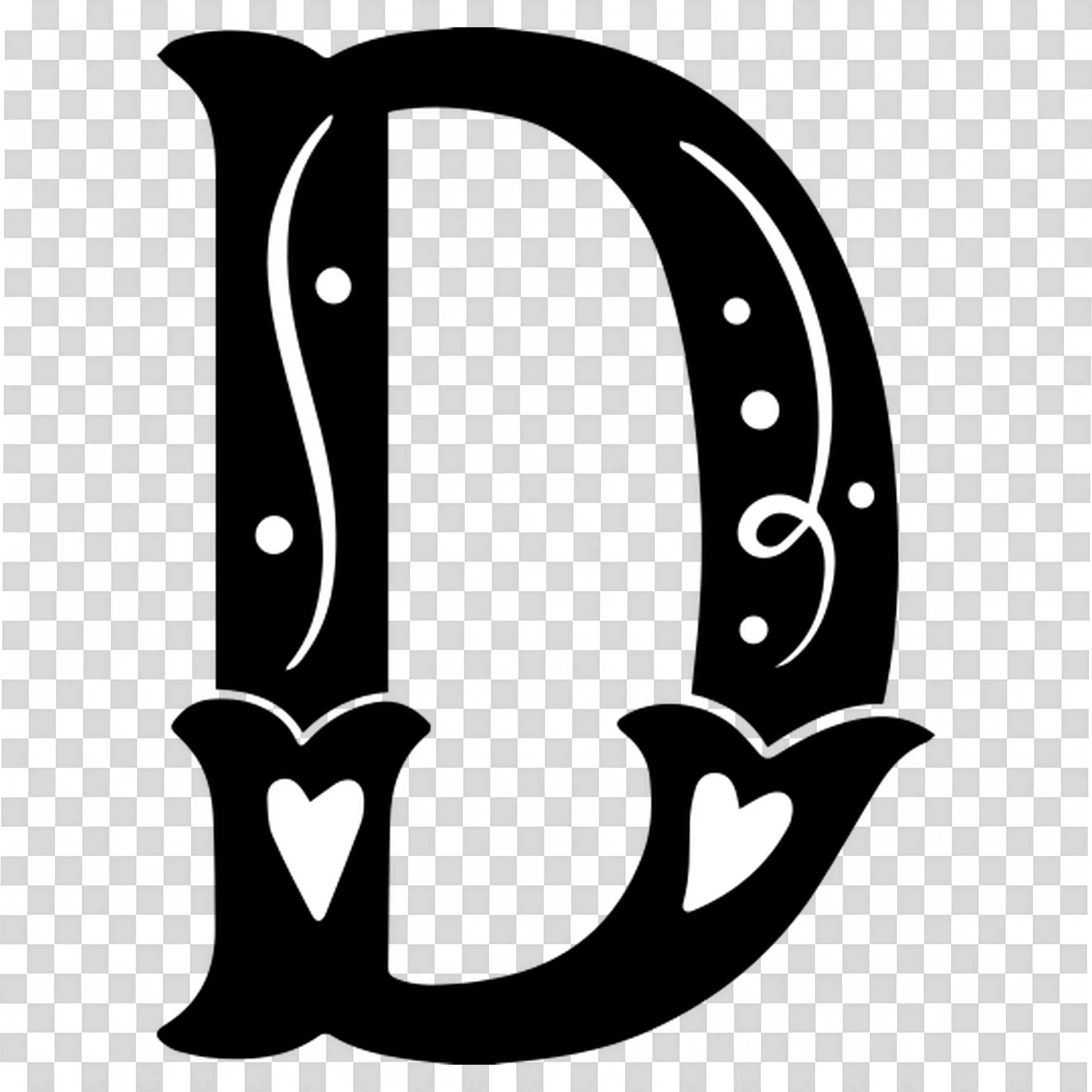 Decorative Letter D with Heart Designs in Black and White