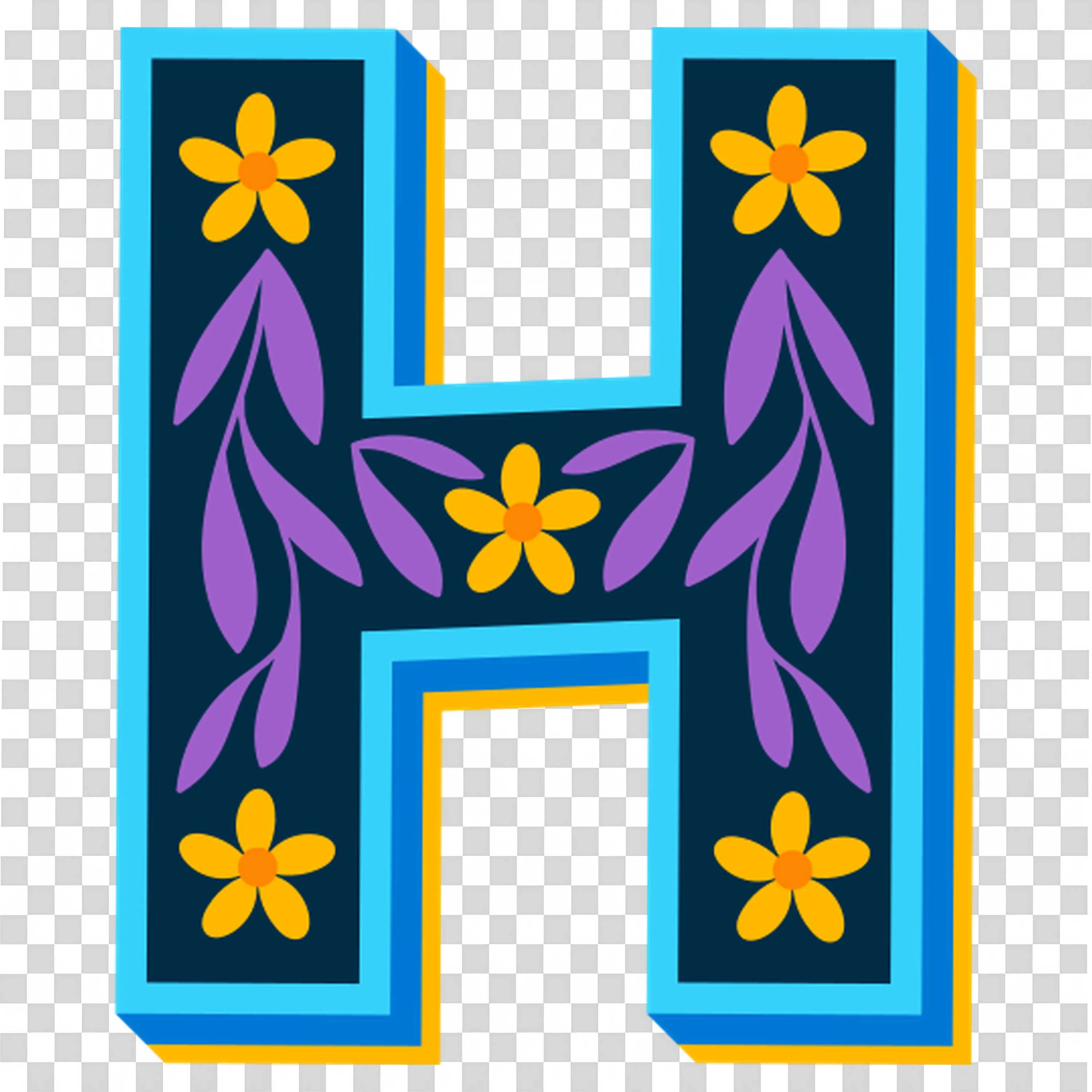 Decorative Letter H with Floral Patterns Free PNG Image