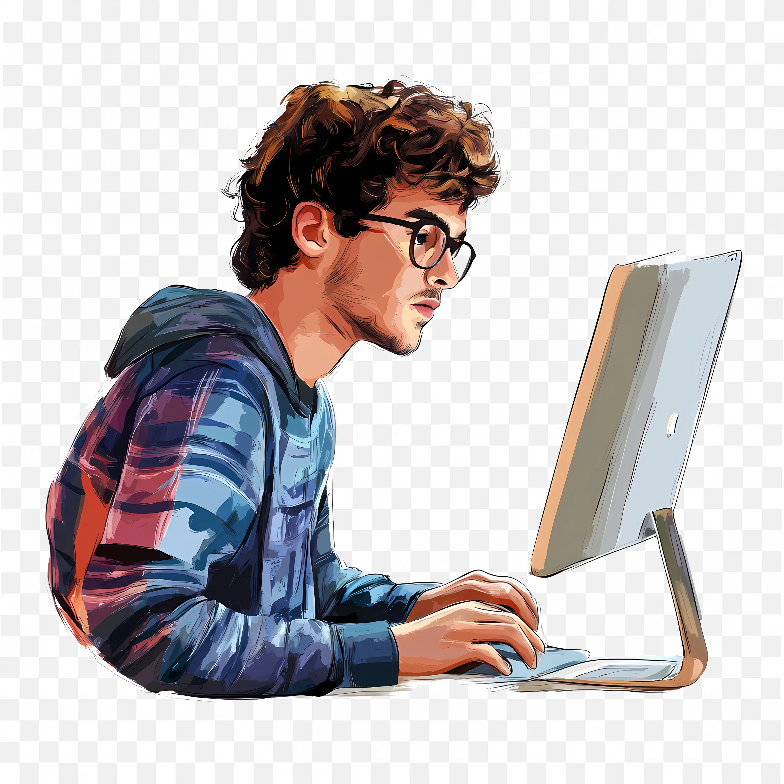 Dedicated Young Man Working on Desktop Computer PNG Free