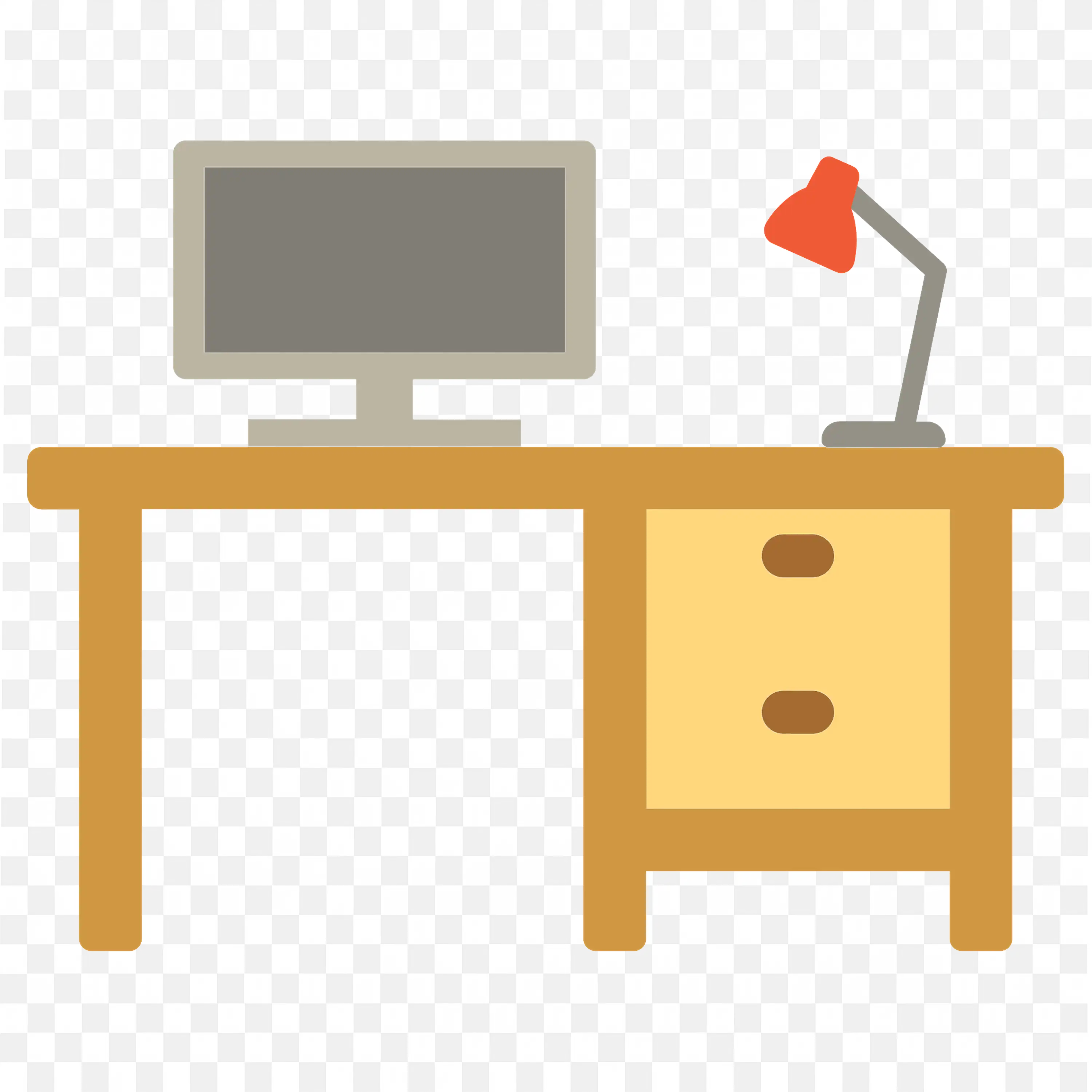 Desk with a Monitor a Red Light Lamp and Two Drawers PNG