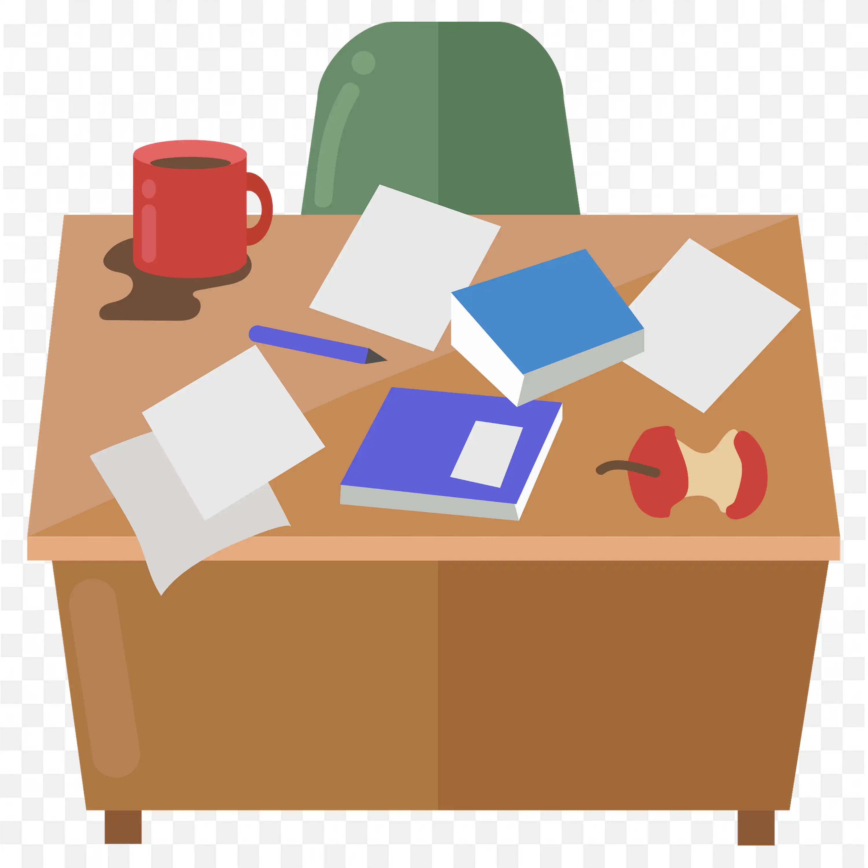 Desk with Scattered Books Papers Coffee and Apple Waste PNG