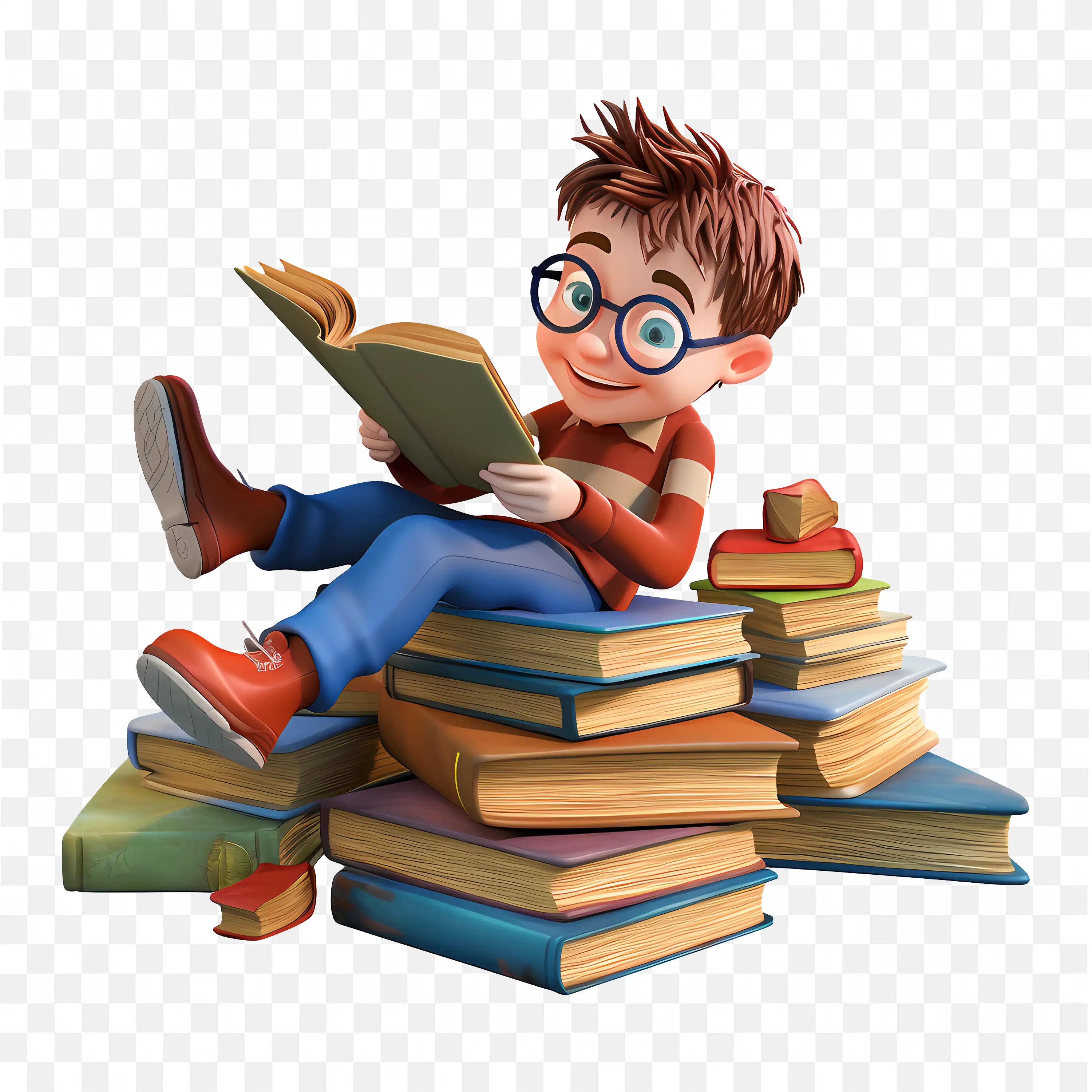 Download the Happy Cartoon Boy Reading Books PNG Free