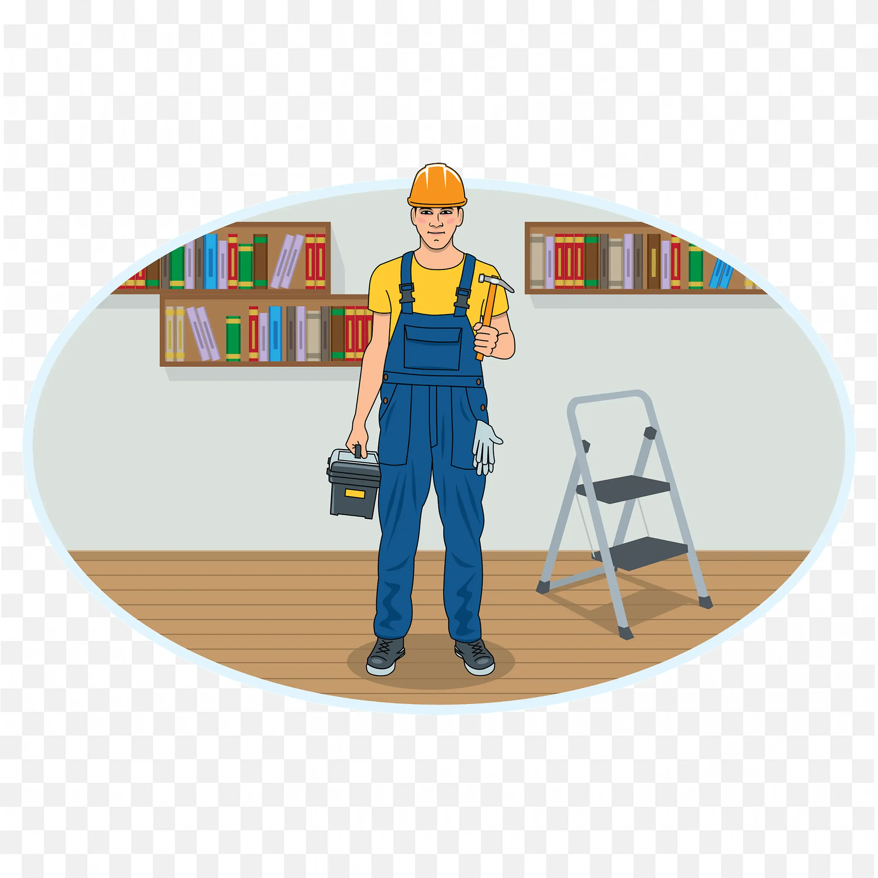 Download a Repairman with Tools and Ladder Free PNG