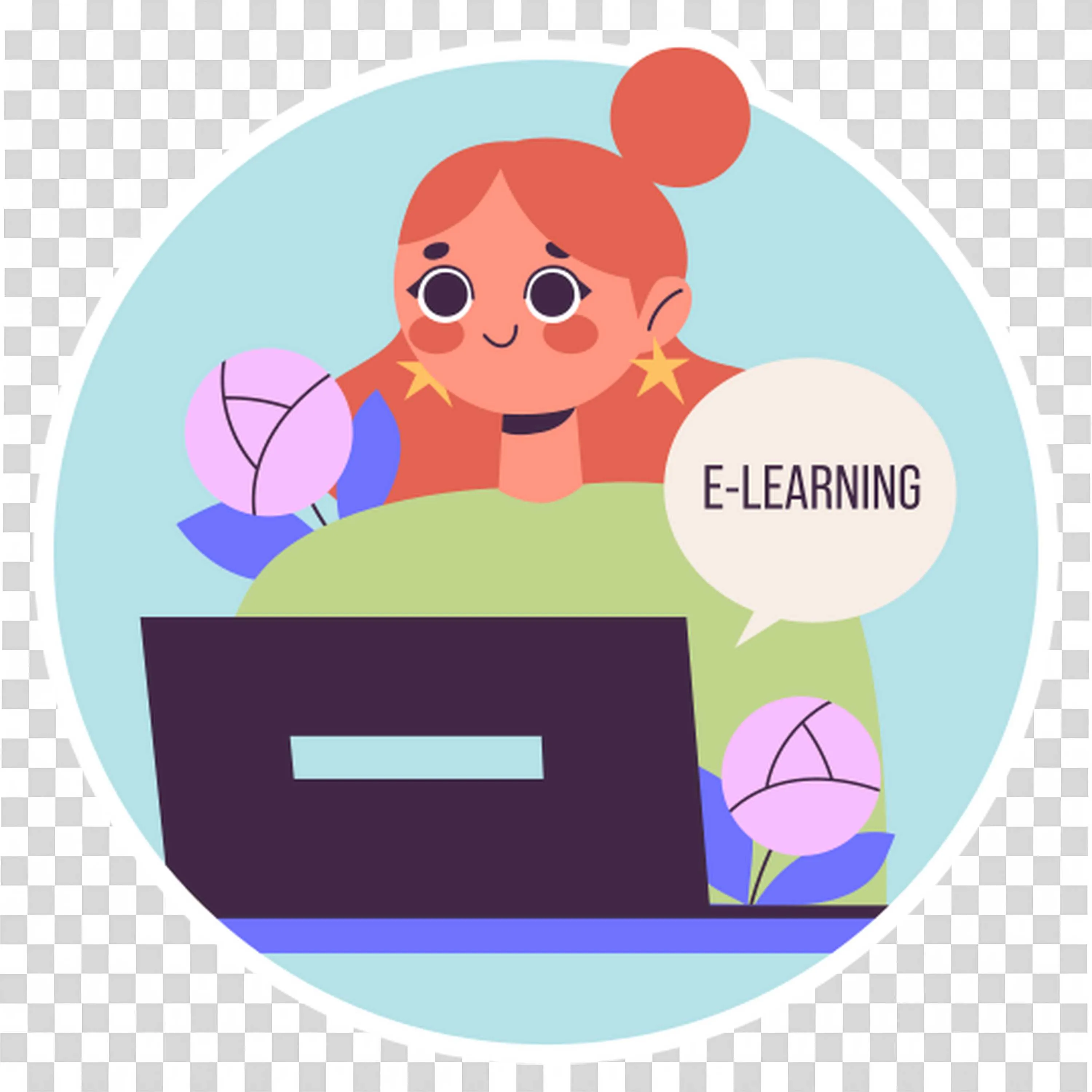 E Learning Girl Studying Online with Laptop and Flowers