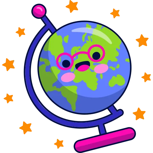 Earth globe with smile on purple stand for school PNG