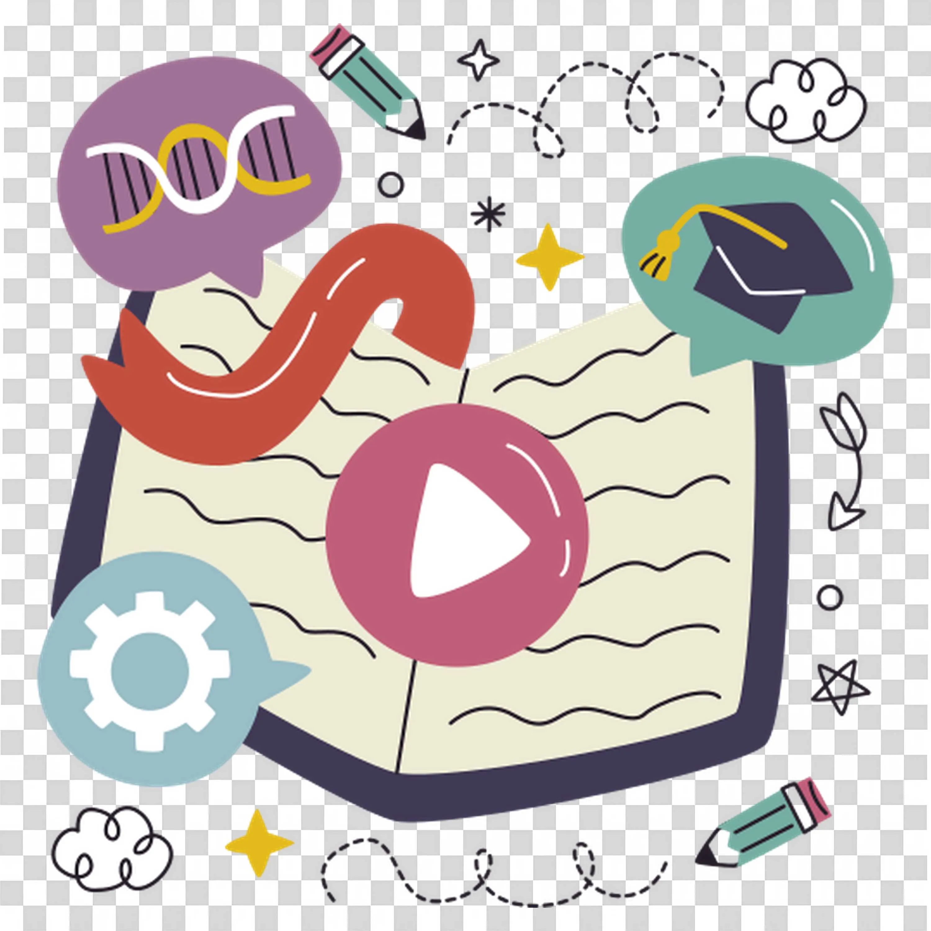 Educational Video Concept with Open Book and Play Icon Png