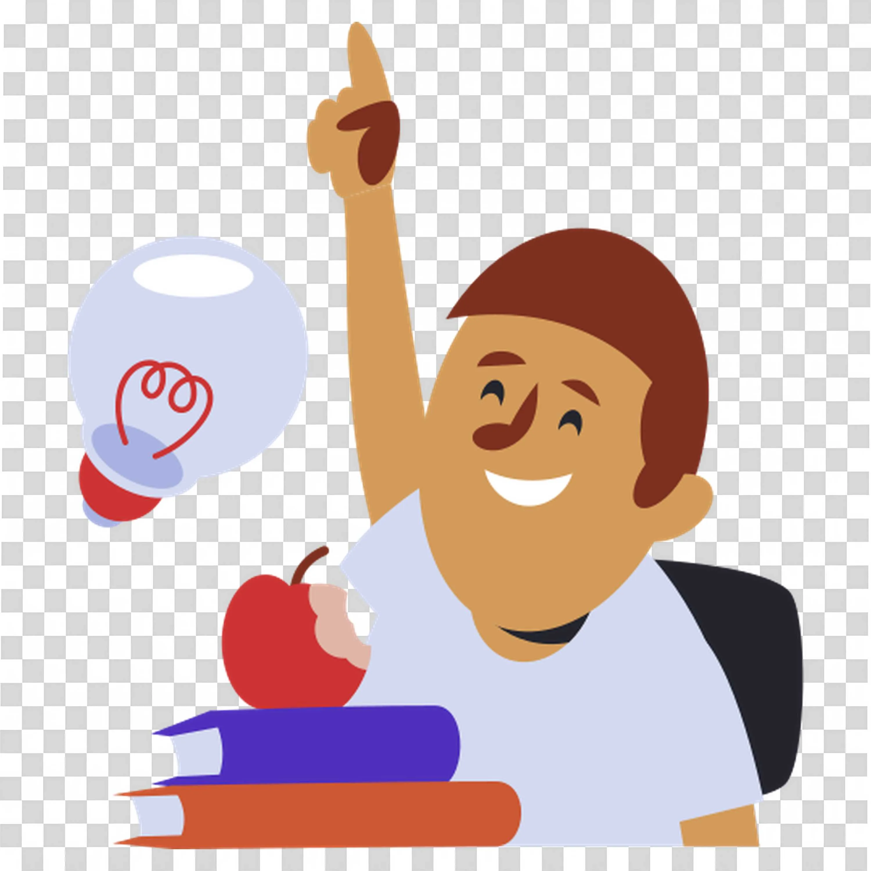 Excited Student Raising Hand with Books and Idea Lightbulb