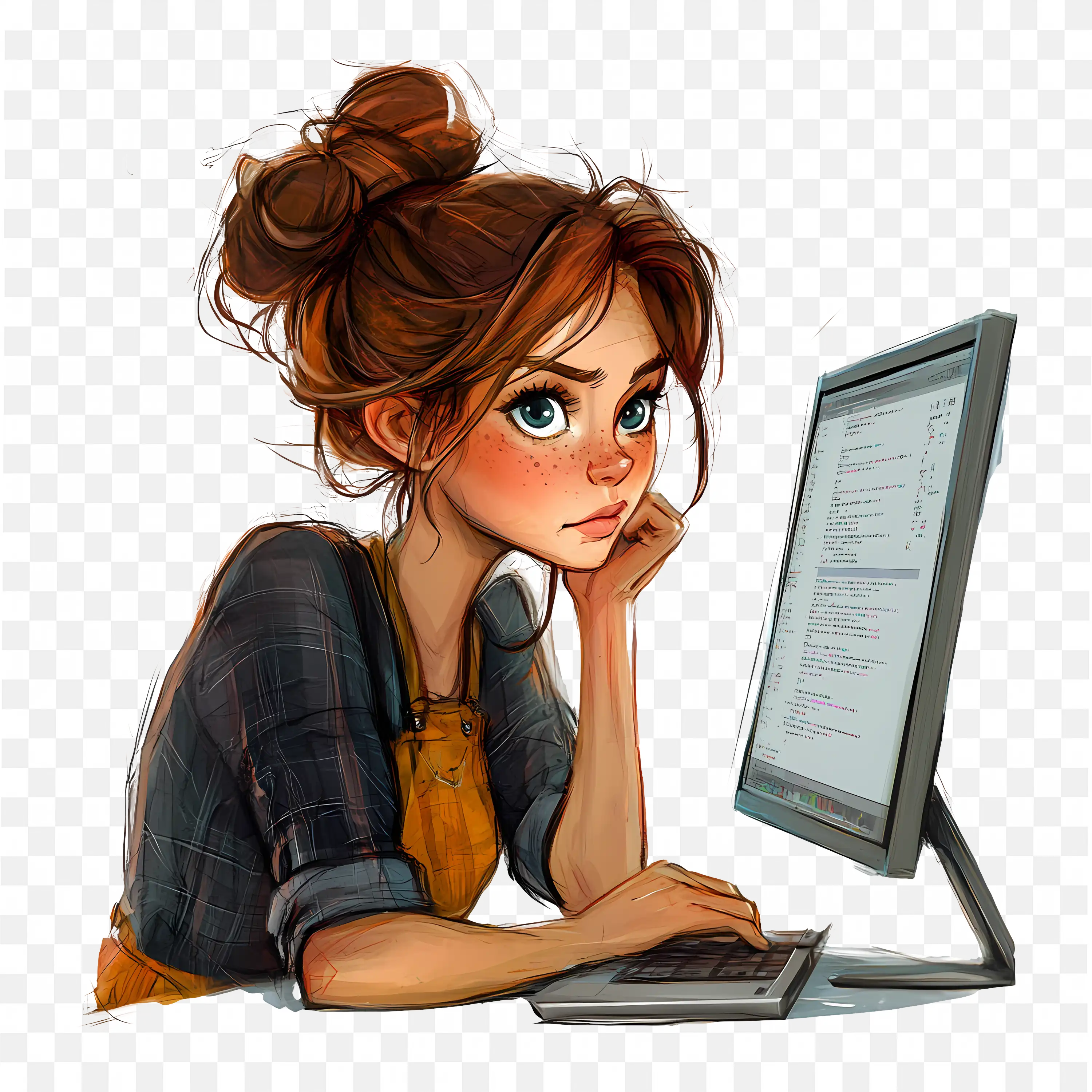Female Programmer Coding in Computer Screen and Tensed PNG