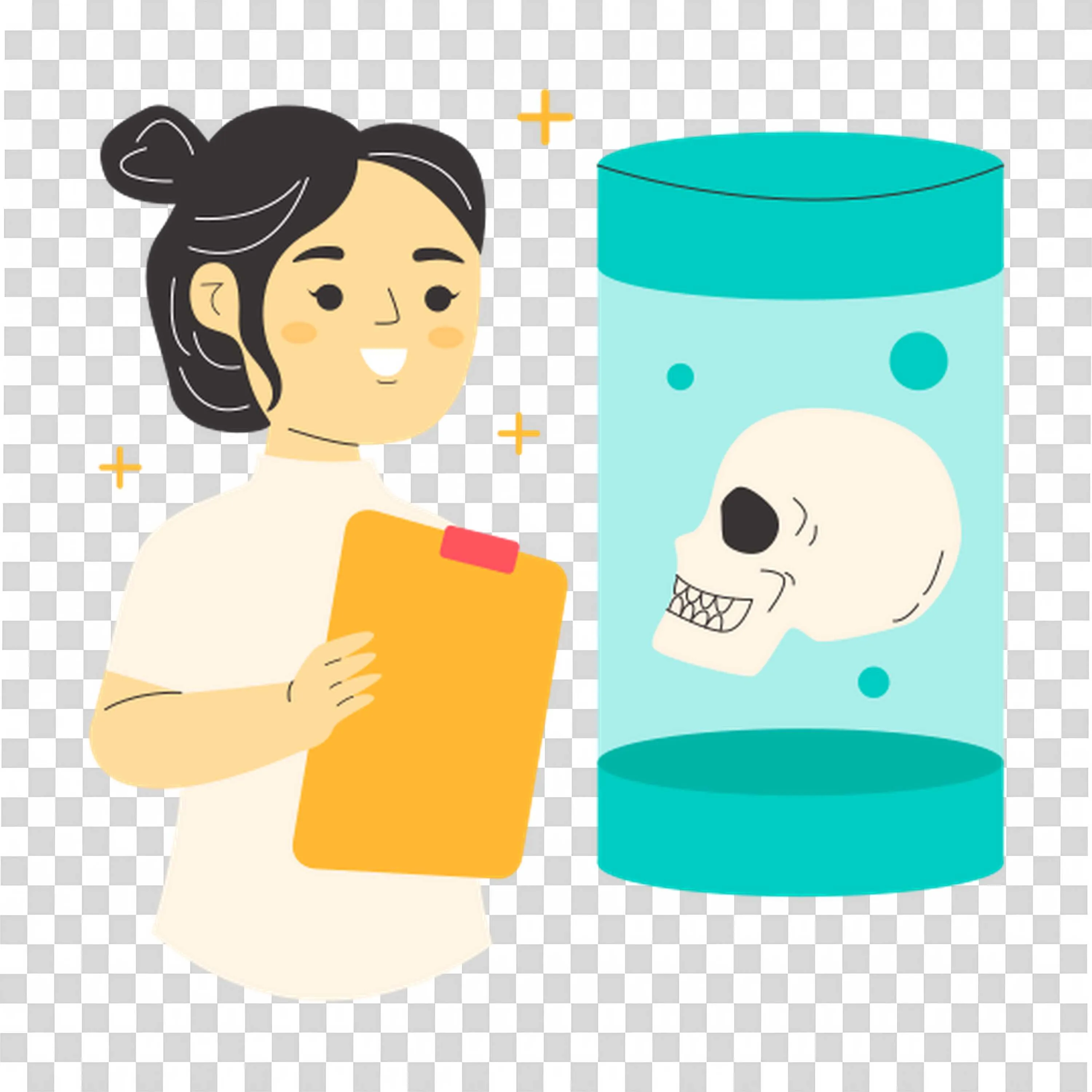 Female Scientist Examining Preserved Skull with Clipboard