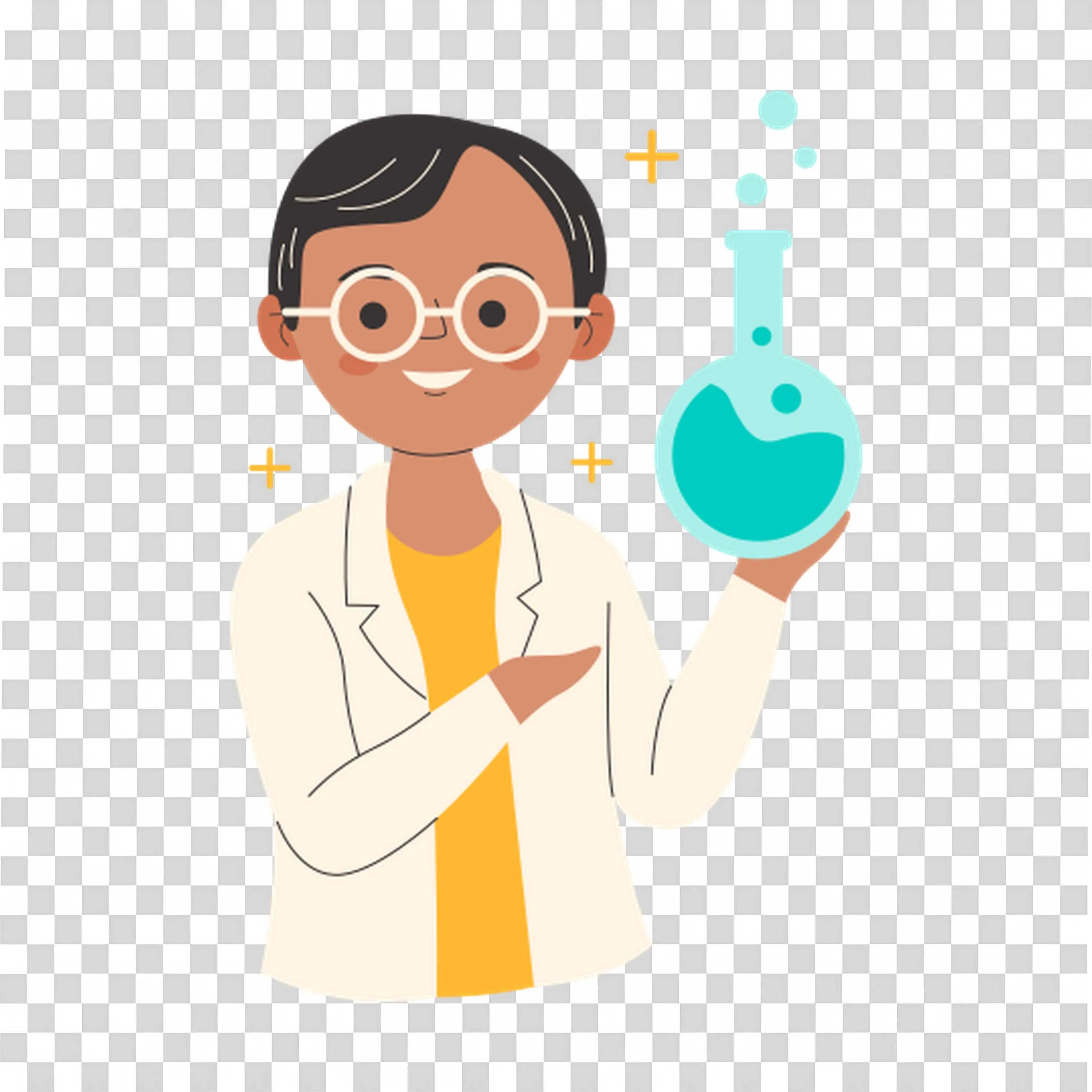 Female Scientist Holding Blue Beaker Smiling in Lab Coat