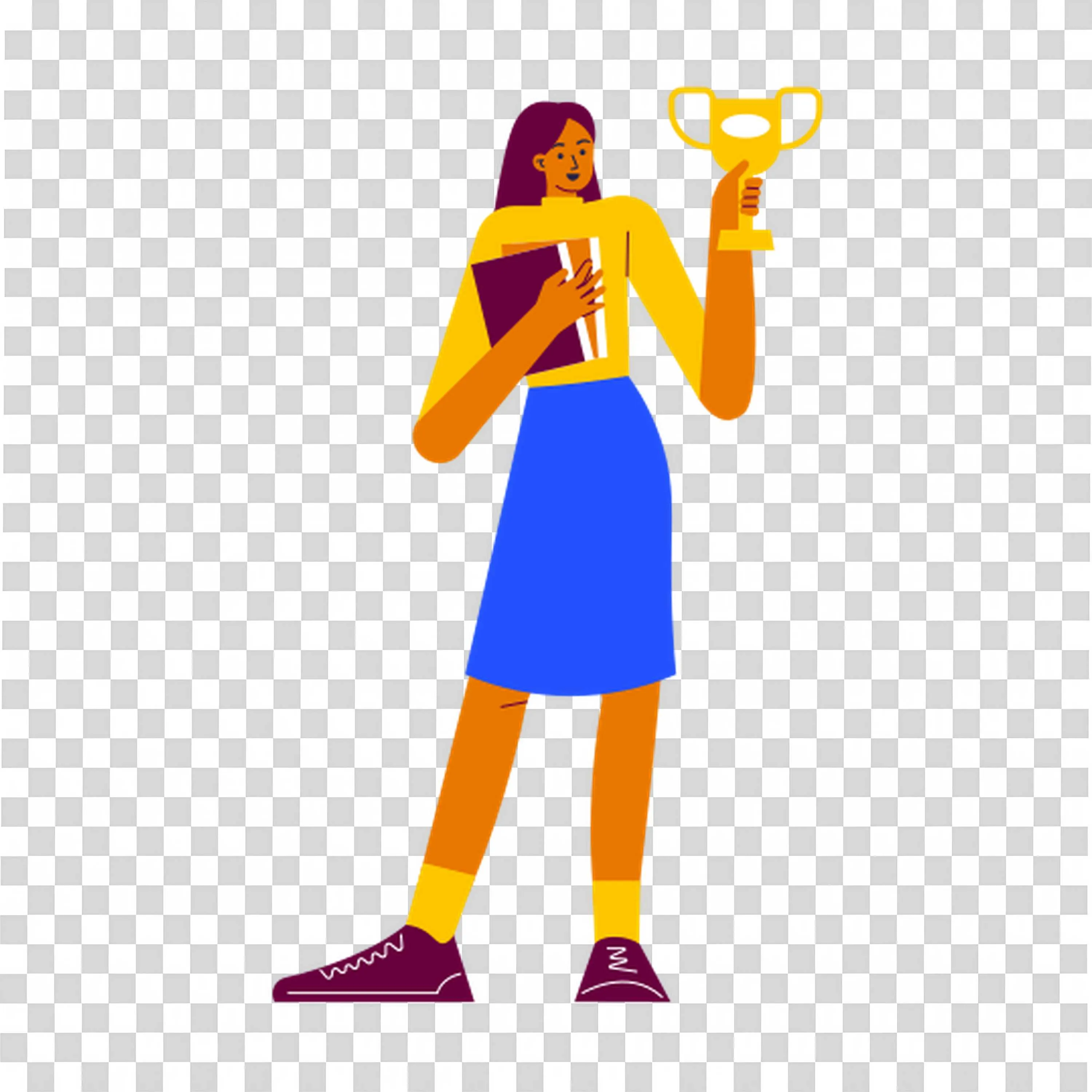 Female Student in Yellow and Blue Holding Trophy and Books