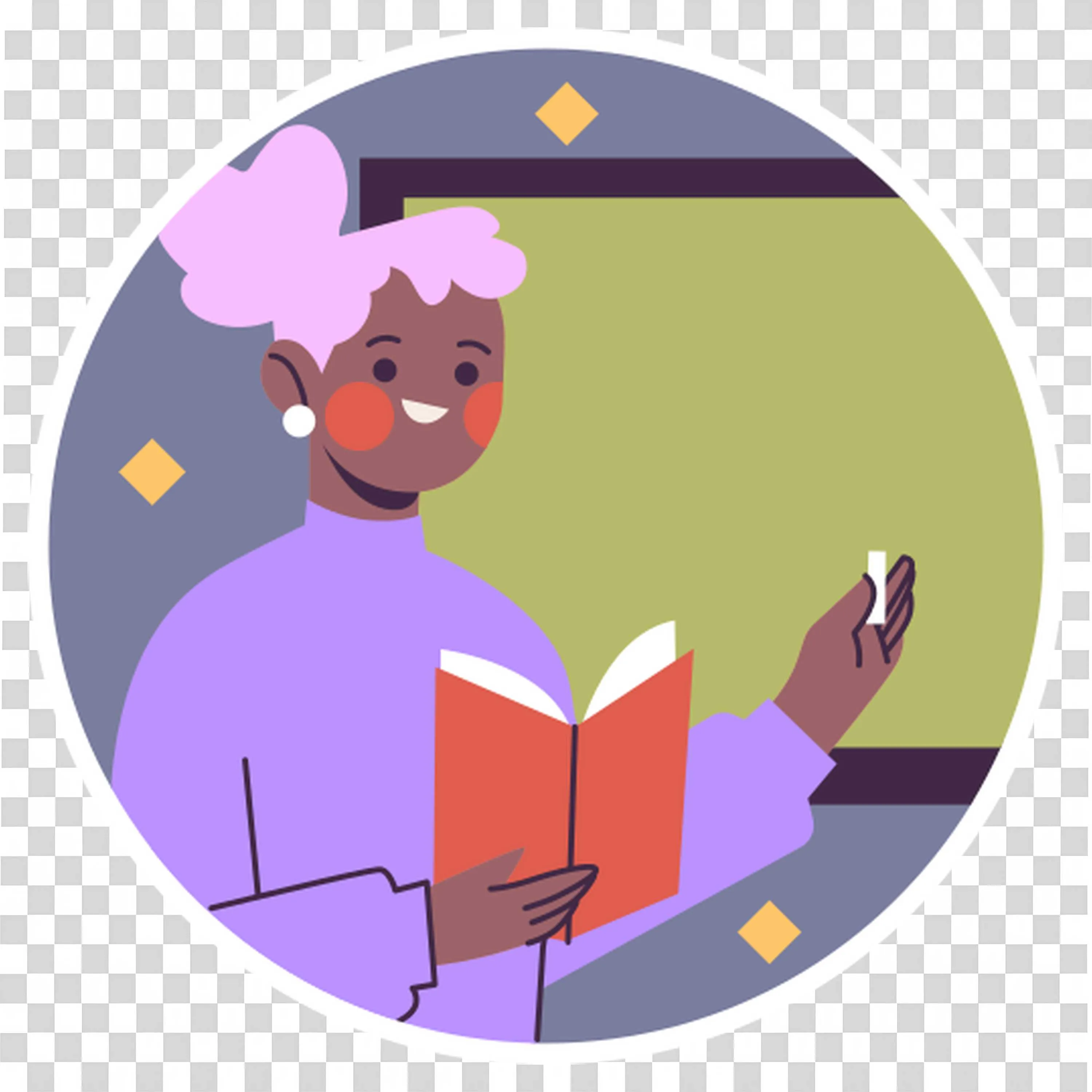 Female Teacher in a Classroom Holding a Book and Chalk Png